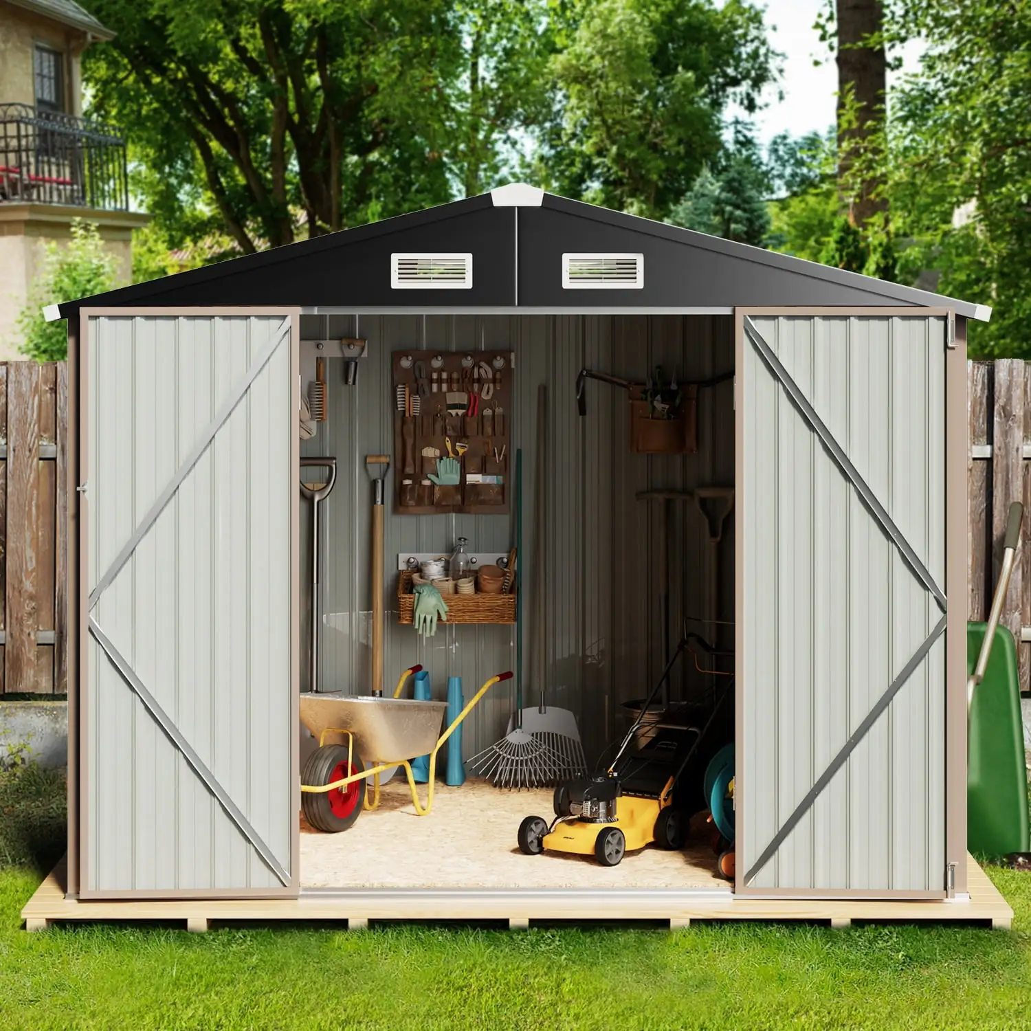 Metal Outdoor Storage Shed 8.5' x 5.6'. Outdoor Metal Shed for Tool. Garden. Bike. Brown