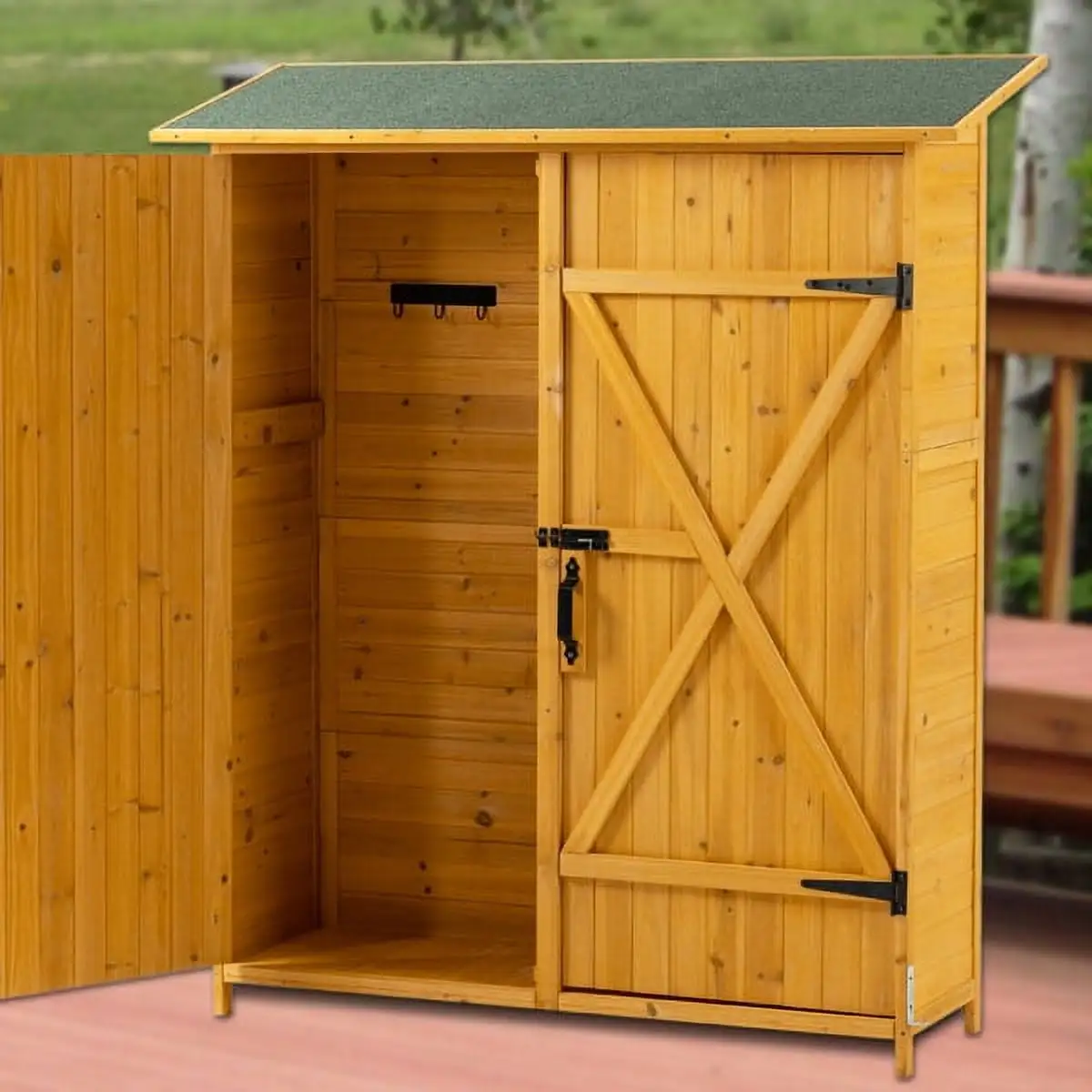 Miekor Outdoor Storage Shed with Lockable Door. Wooden Tool Storage Shed with Detachable Shelves and Pitch Roof. Natural G3562