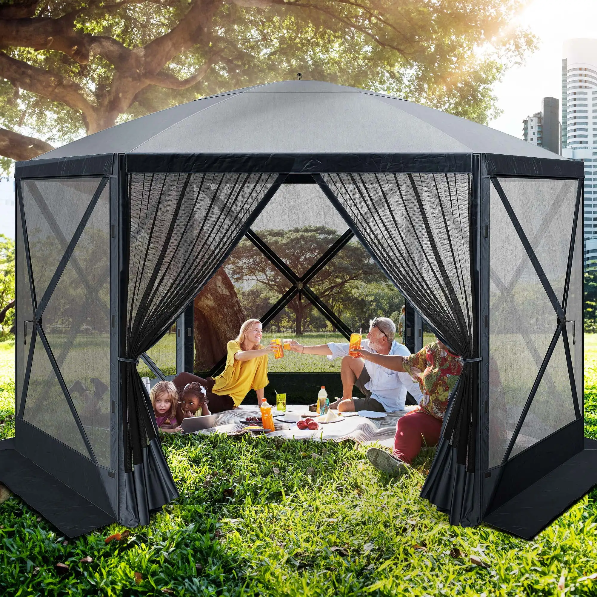 ModFusion 12'X12' Outdoor Camping Gazebo with 6 Sided Design. Mesh Windows. and Insect Protection. Perfect For Camping. Picnicking. or Backyard Parties In Gray