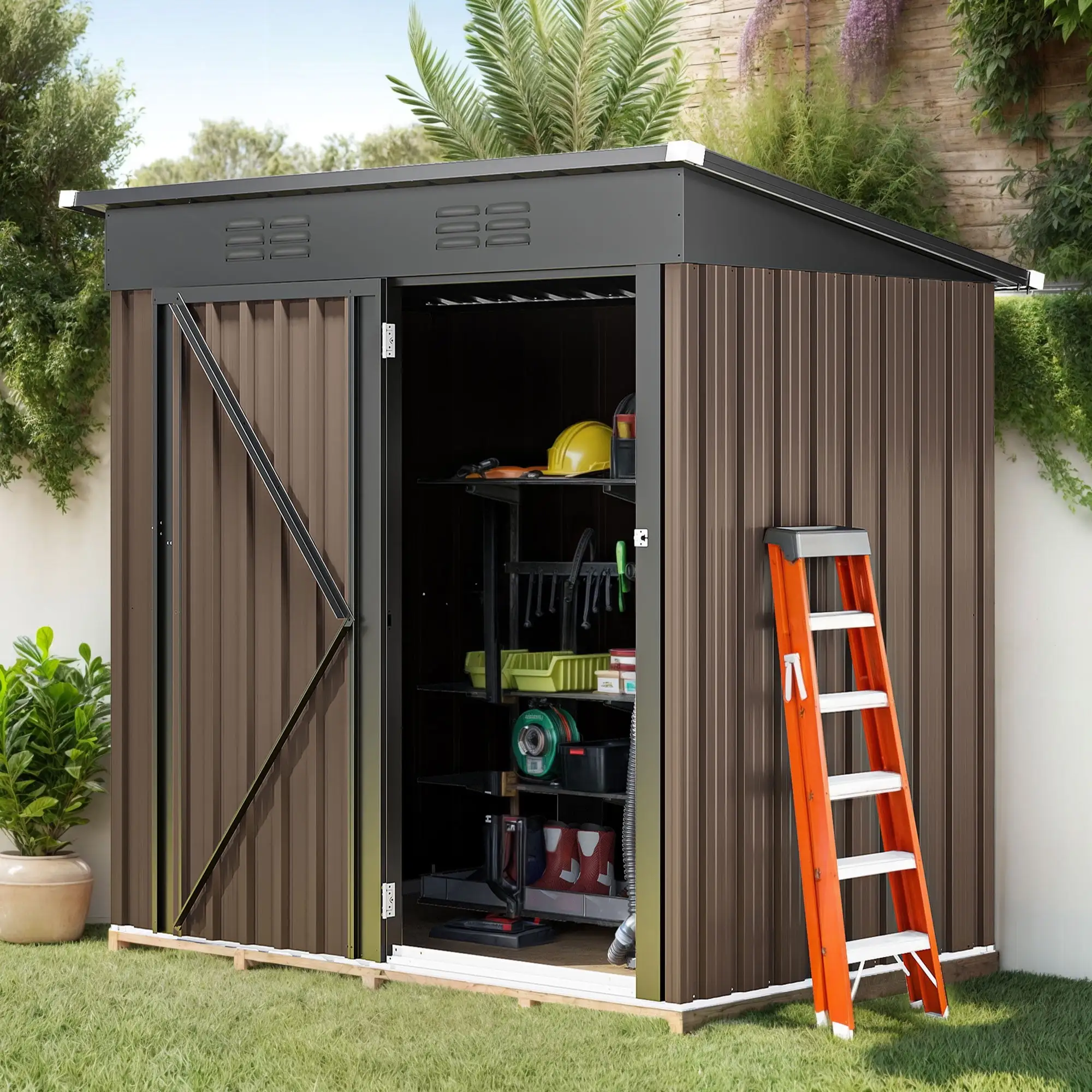 ModFusion 5x3 Feet Odorless Outdoor Storage Shed: Lockable Sliding Door. Air Vent. Sloped Roof. Heavy Duty Metal. Ideal for Storing Gardening and Cleaning Tools. Bike. Trash Can. Brown