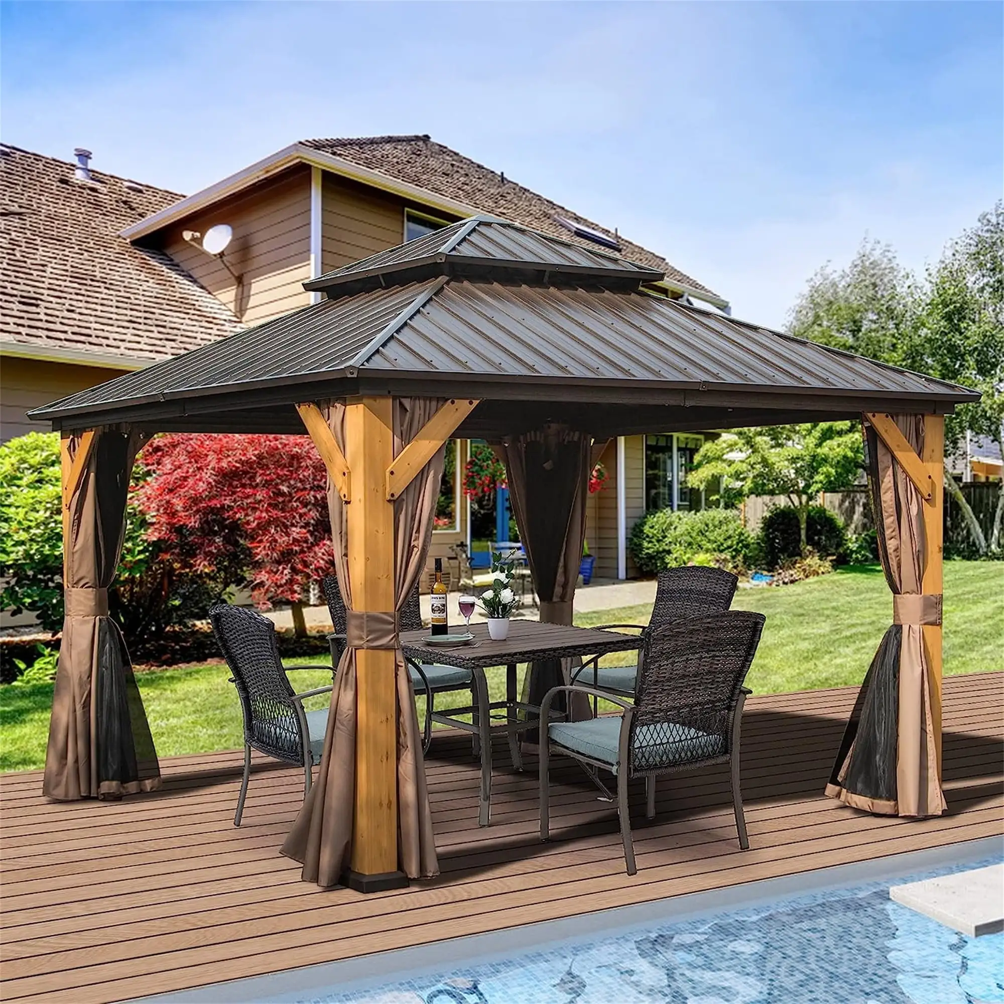 Mondawe 12'x12' Hardtop Gazebo. Outdoor Cedar Wood Frame Canopy with Galvanized Steel Double Roof. Outdoor Permanent Metal Pavilion with Curtains and Netting for Patio. Backyard and Lawn(Brown)