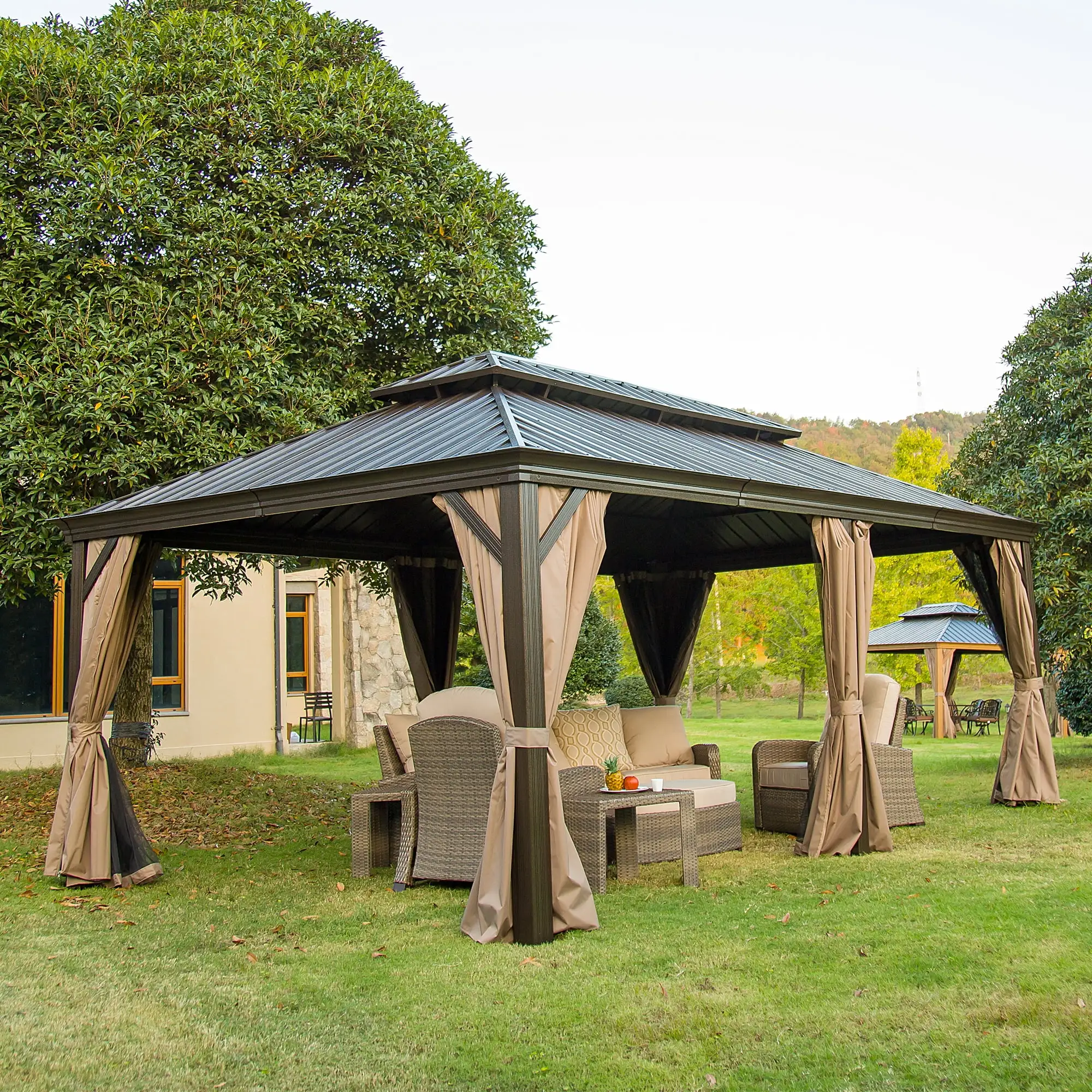 Mondawe 12'x20' Hardtop Gazebo. Outdoor Aluminum Frame Canopy with Galvanized Steel Double Roof. Outdoor Permanent Metal Pavilion with Curtains and Netting for Patio.Backyard and Lawn (Brown)