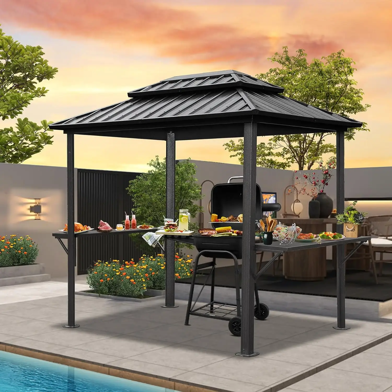 Mondawe Grill Gazebo 8' ?? 6'. Aluminum BBQ Gazebo Outdoor Metal Frame with Shelves Serving Tables. Permanent Double Roof Hard top Gazebos for Patio Lawn Deck Backyard and Garden (Black