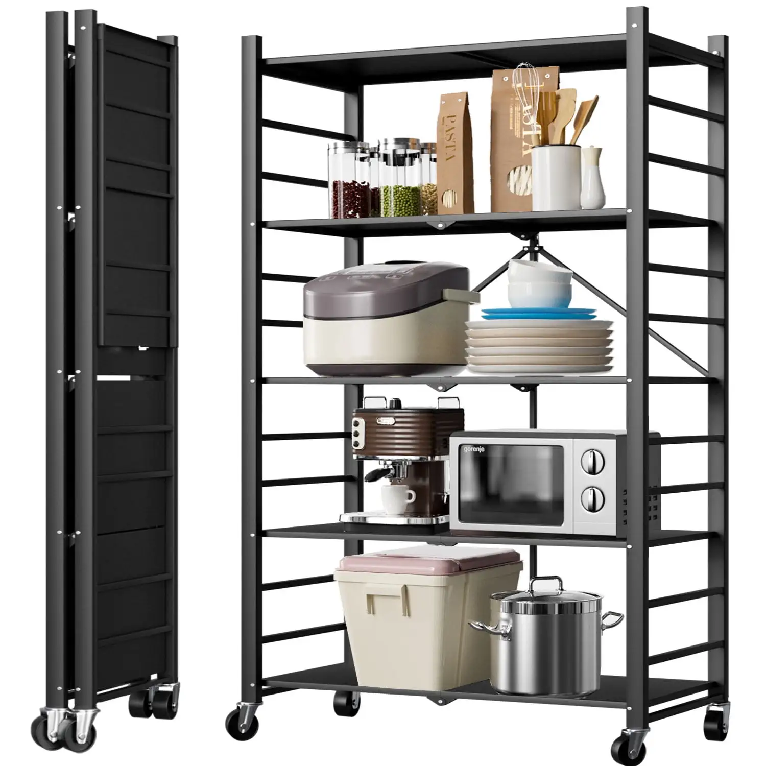 Musment 5-Tier Storage Shelf Rack. Heavy Duty Metal Shelf . Foldable Storage Shelving Unit with Wheels. Garage Shelf. Metal Storage Rack. Kitchen Shelf . No Assemble Require