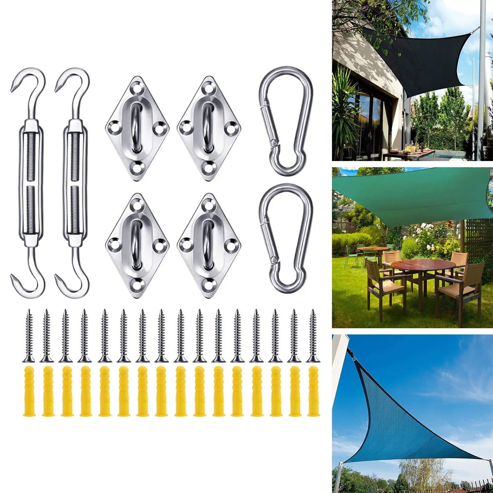 NIBOLOG 1 Set Shade Sail Hardware with Turnbuckles Snap Hooks Rustproof Corrosion Resistant Easy Installation Square Sun Shade Sails Hardware Kit