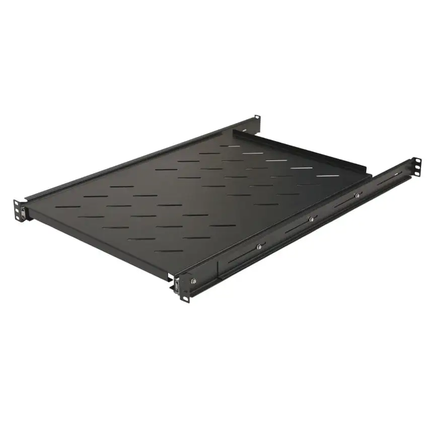 NavePoint 4-Post Sliding Server Shelf. Cold Rolled Steel. Black. Venting. Adjustable. 750mm depth. 12.1 lbs. Rack Mount. 1U(1RU)