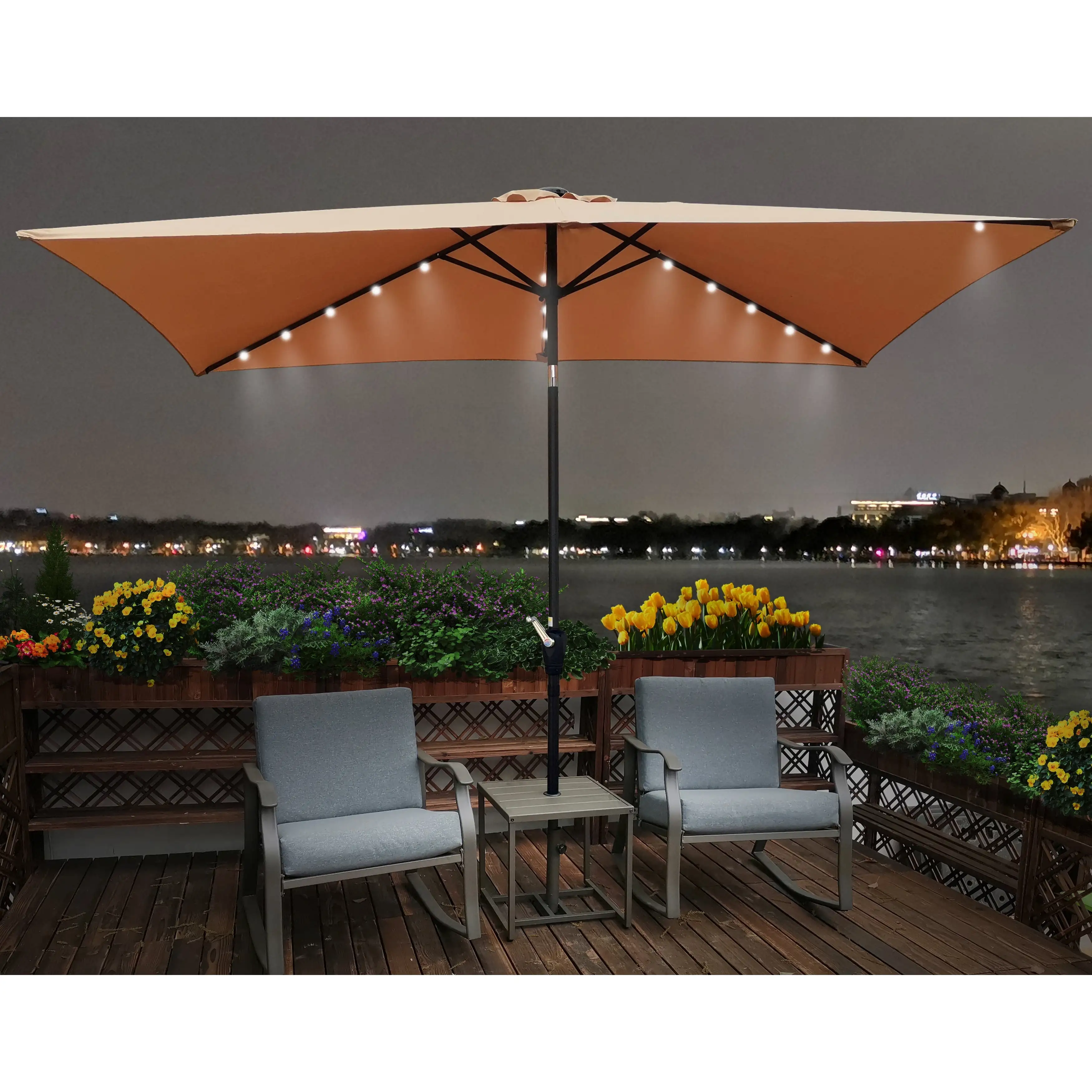 Nestfair Rectangular Patio Solar LED Lighted Outdoor Market Umbrellas Brown