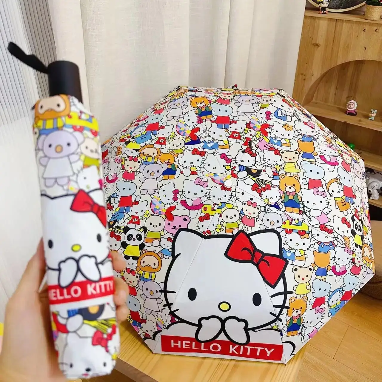 New Kawaii Miniso Hello Kitty Full-Automatic Cartoon Cute Sunny Dual-Use Umbrellas Folding Vinyl Sunscreen Uv Shade Umbrellas