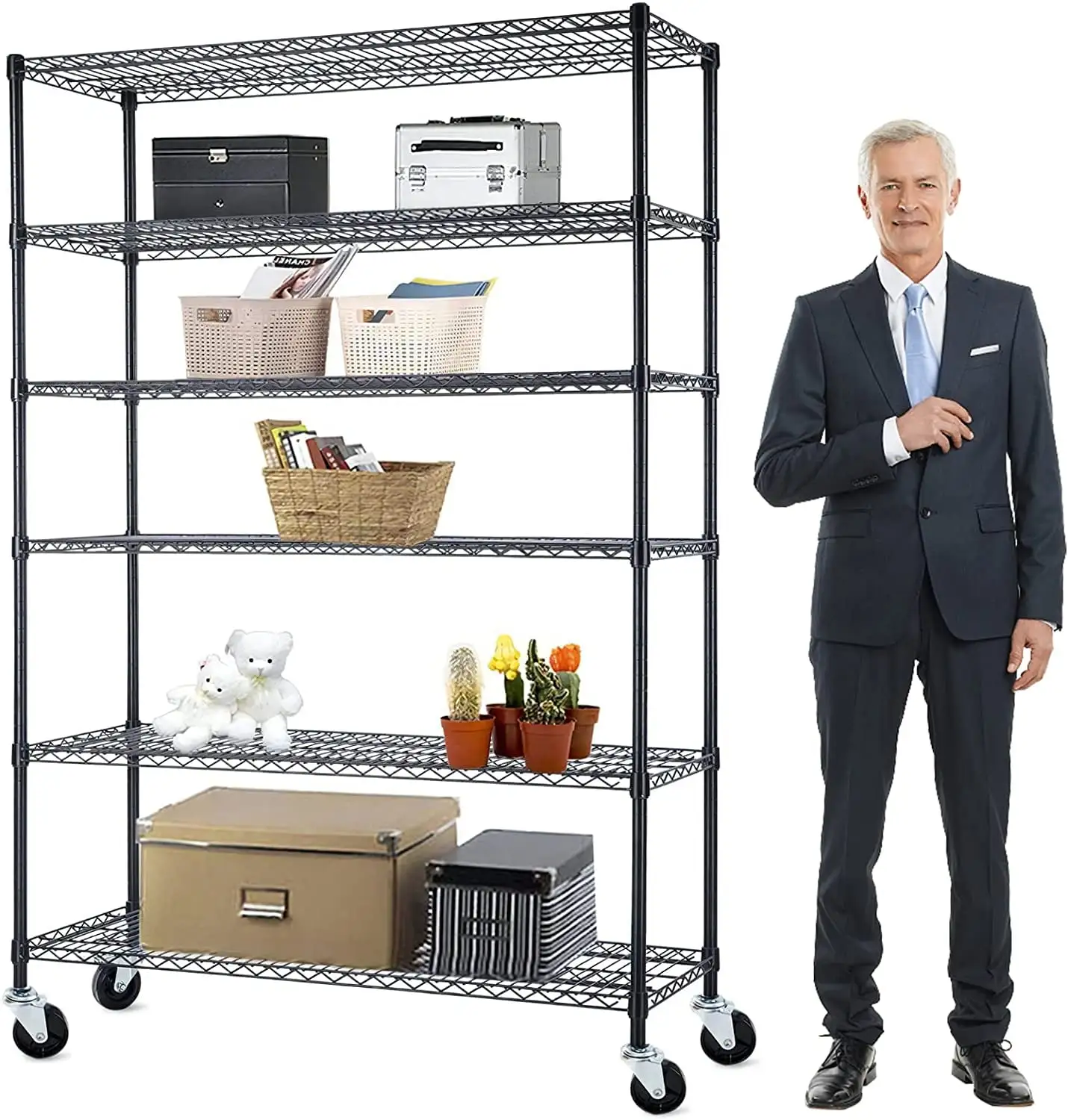 NiamVelo 6 Tier Wire Shelving Unit Adjustable Storage Shelves 2100 lbs Heavy Duty Metal Shelf with Wheels. Black