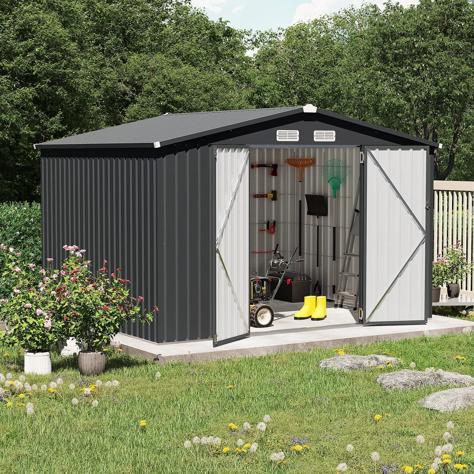 OC Orange-Casual 10' x 8' FT Outdoor Storage Shed. Metal Garden Tool Shed with Lockable Door. Outside Sheds & Storage Galvanized Steel. Black