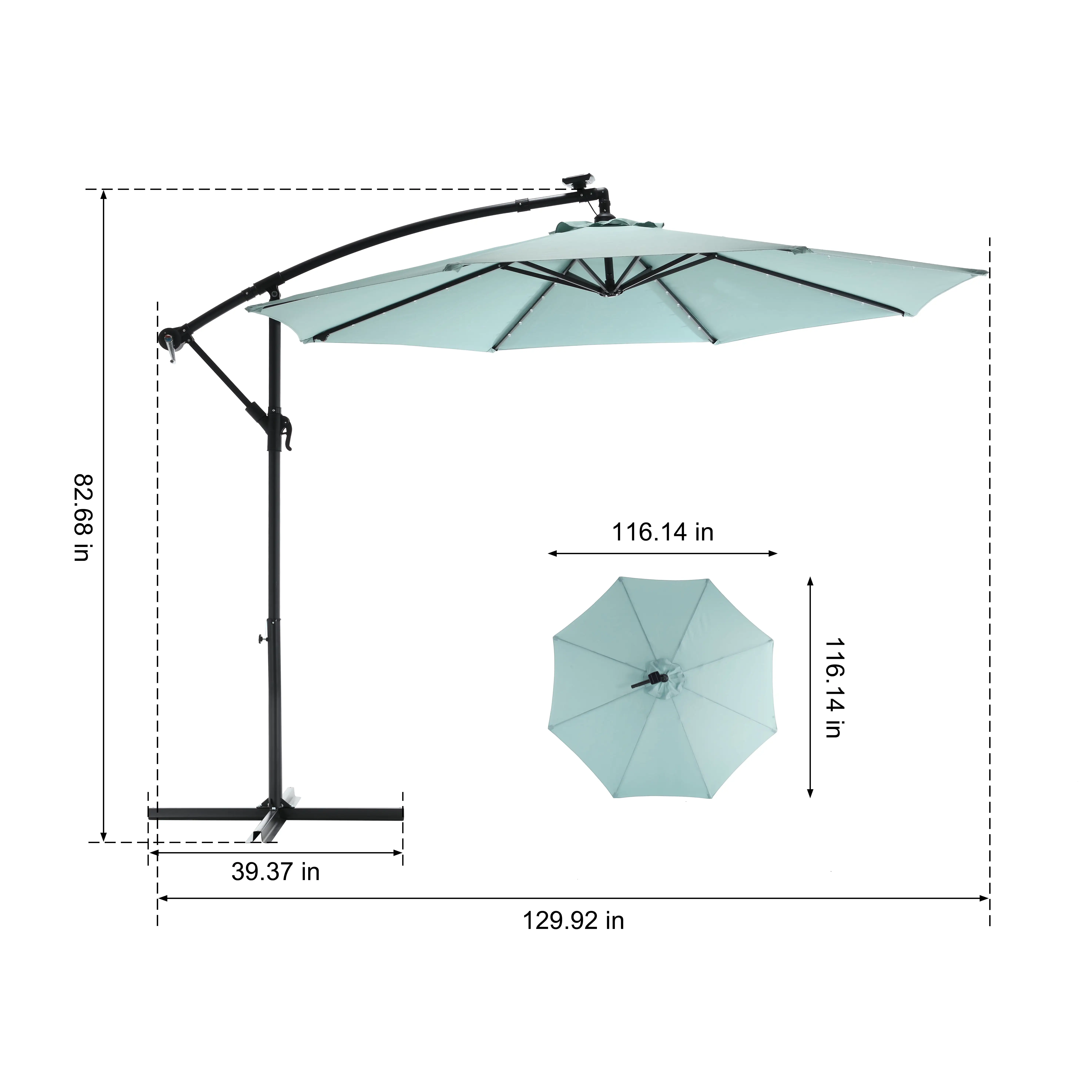 OYang Solar Offset Umbrella with 40 Built-in LED Lights. Air Vent. Removable Crank Handle. Cross Base Outdoor Market Hanging Umbrella for Backyard. Deck