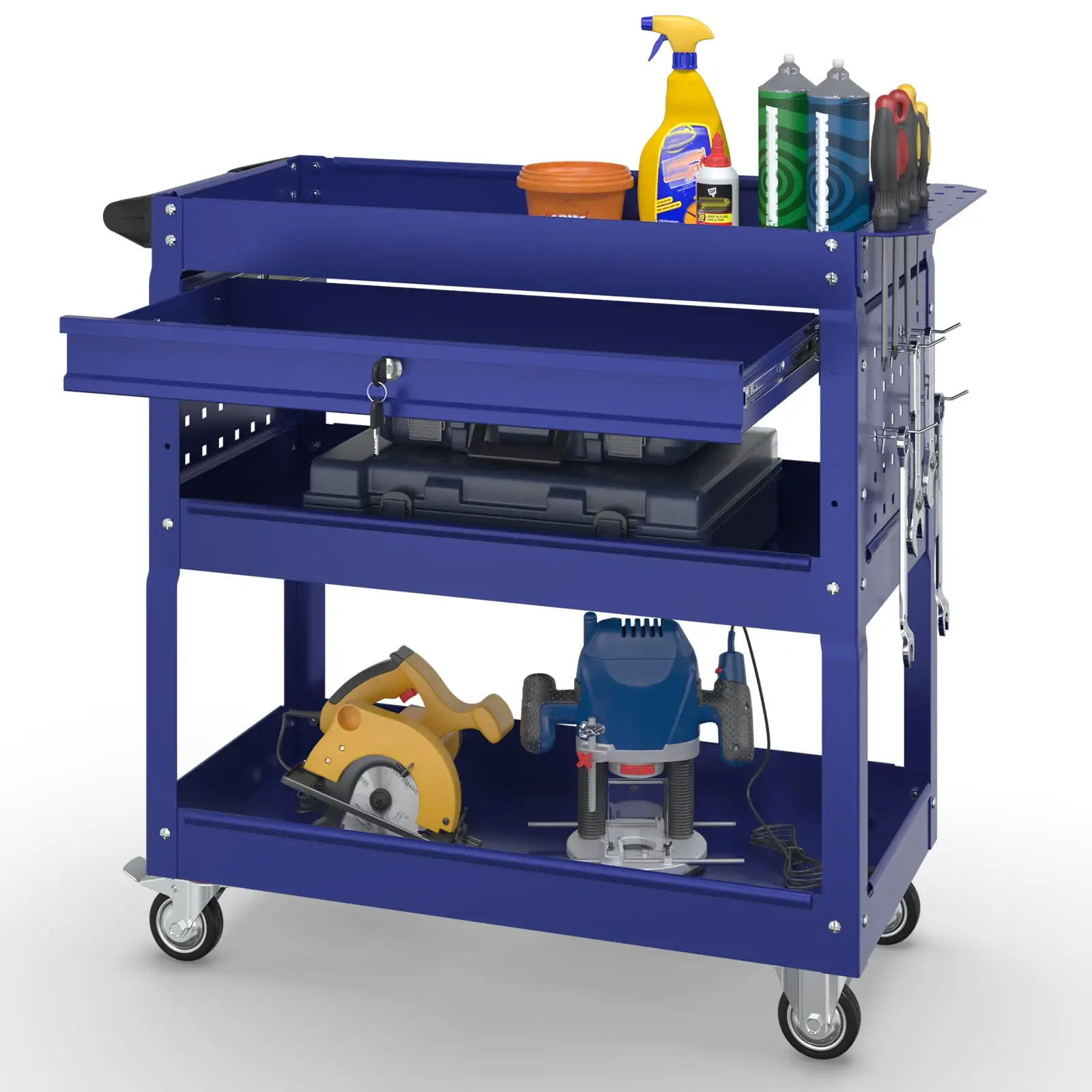 Odaof 3-Tray Rolling Tool Cart with Lock Drawers and Wheels. 330 LBS Capacity Rolling Utility Tool Storage Cart. Tool Service Trolley for Garage. Warehouse and Repair Shop (Darkblue)