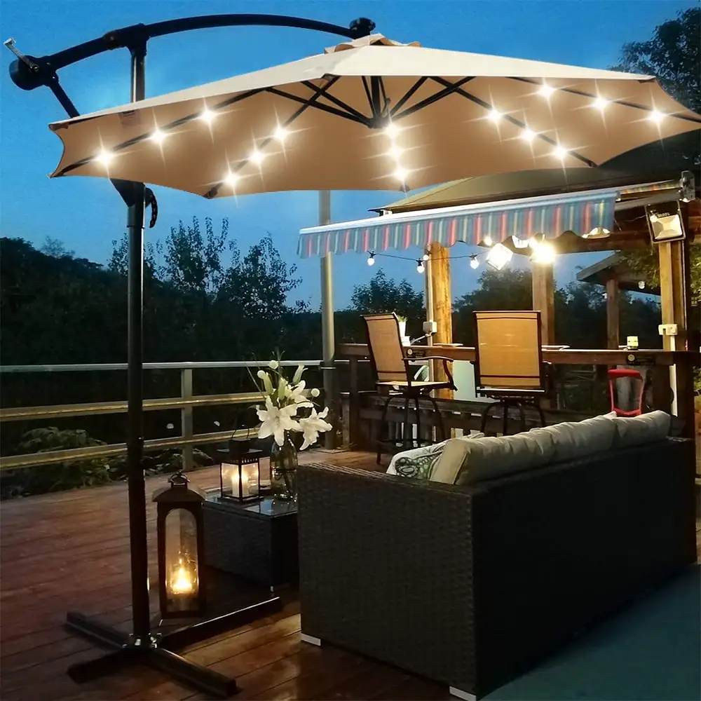 Offset Patio Umbrellas. 10FT Solar LED Outdoor Umbrella with 24 Led Lights. Hanging Cantilever Market Patio Umbrella with Crank. Cross Base. Backyard Offset Umbrella for Garden Pool