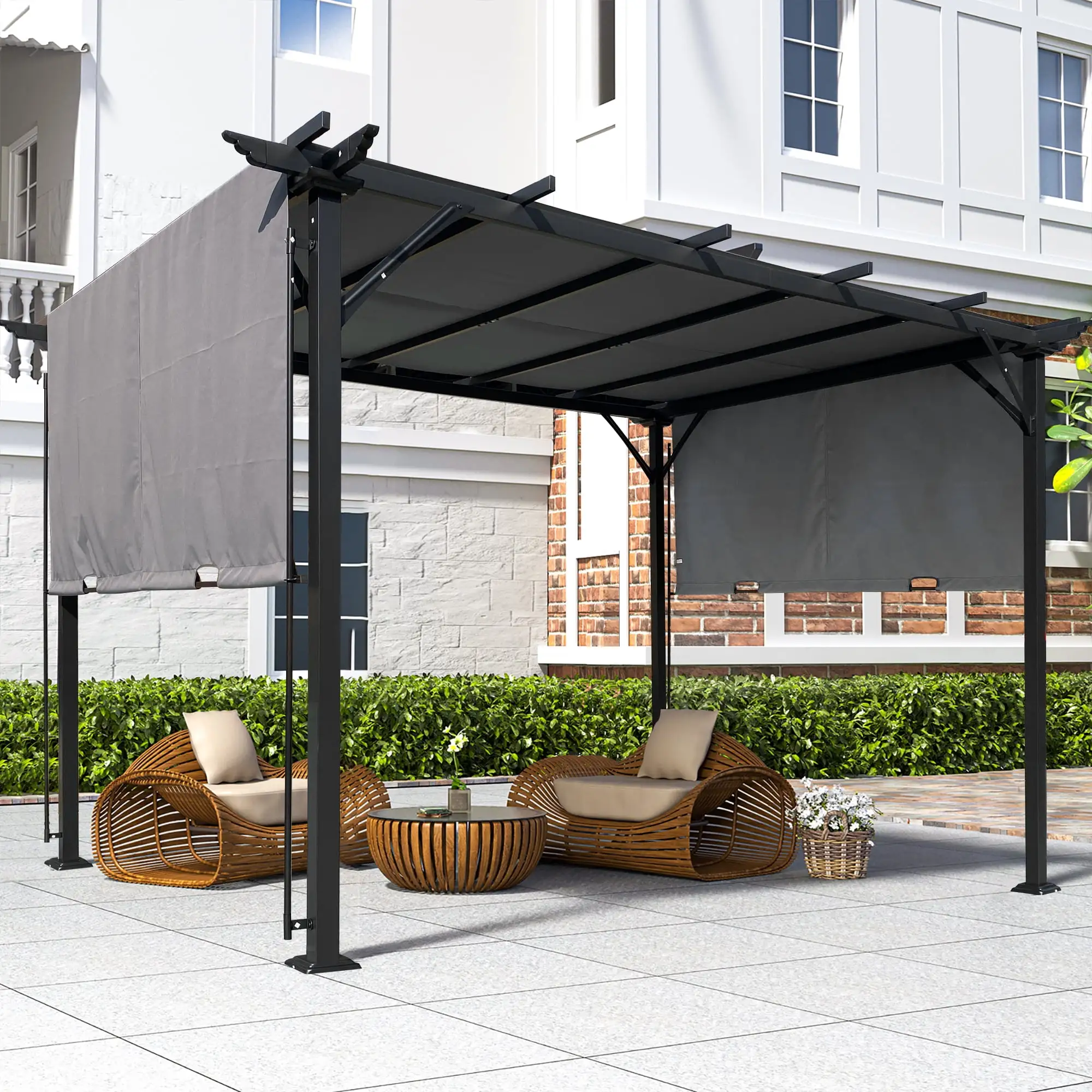 Only Choice 12 x 9.5 FT Outdoor Pergola with Retractable Shade Canopy. Steel Frame Patio Sun Shade Shelter. 2 Pieces Shade Curtain. Gray