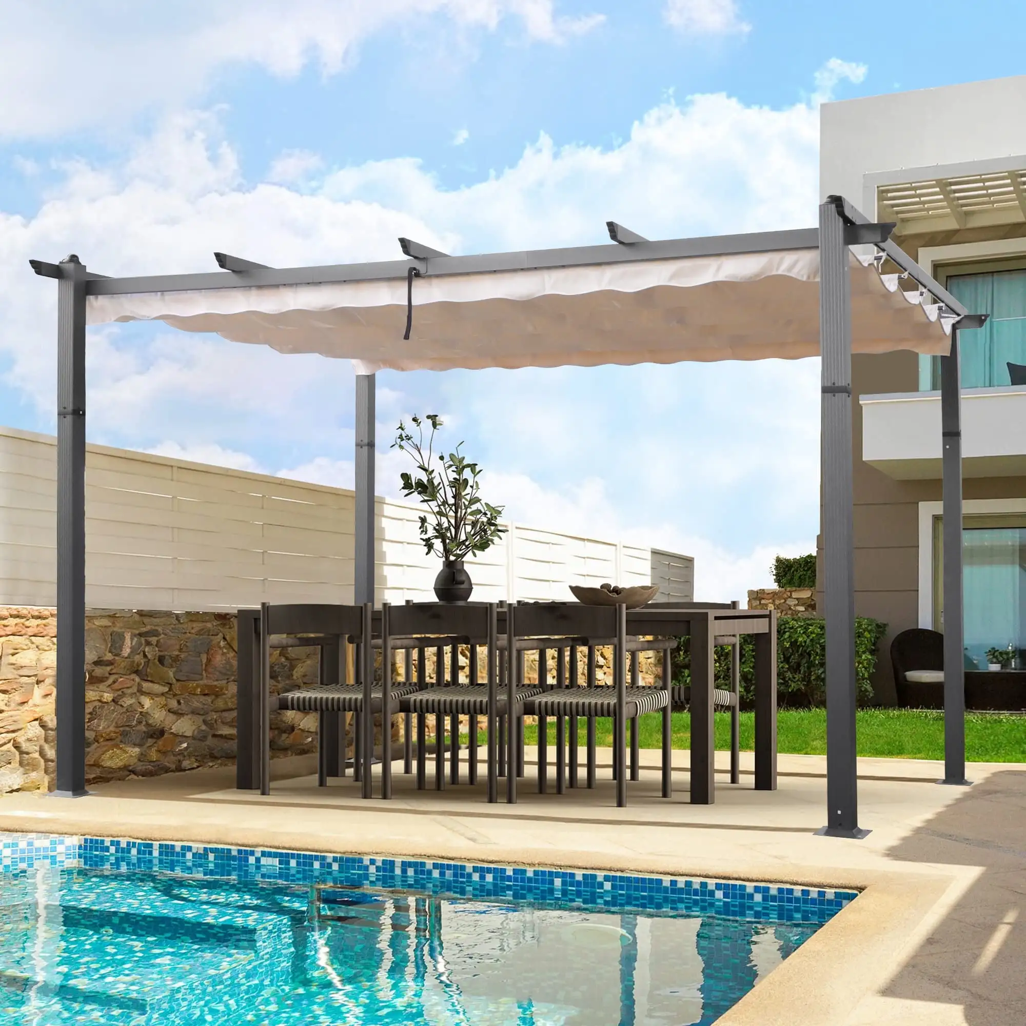 Only Choice 13 x 10 ft Outdoor Patio Pergola. Patio Shelter Pergola w/ Retractable Sun Shade Canopy. Aluminum Frame