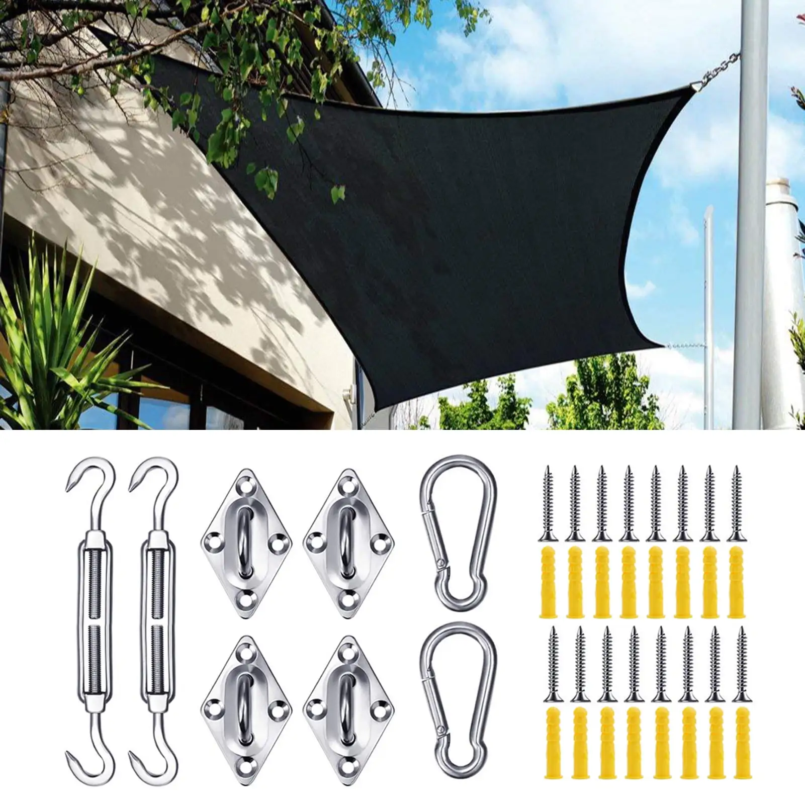 Opolski 1 Set Shade Sail Hardware with Turnbuckles Snap Hooks Rustproof Corrosion Resistant Easy Installation Square Sun Shade Sails Hardware Kit M8