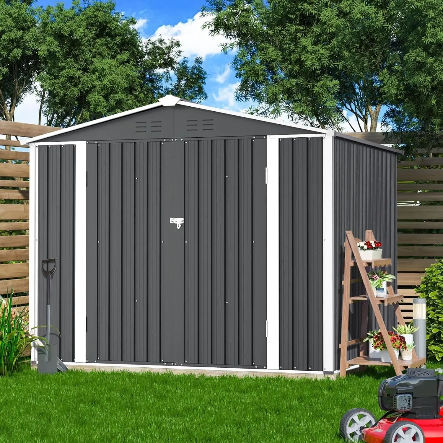 Outdoor Backyard Garden Storage Shed 4X6 Ft Yard Storage Tool With Sliding Door For Lawn Equipment Garden BackyardGrey