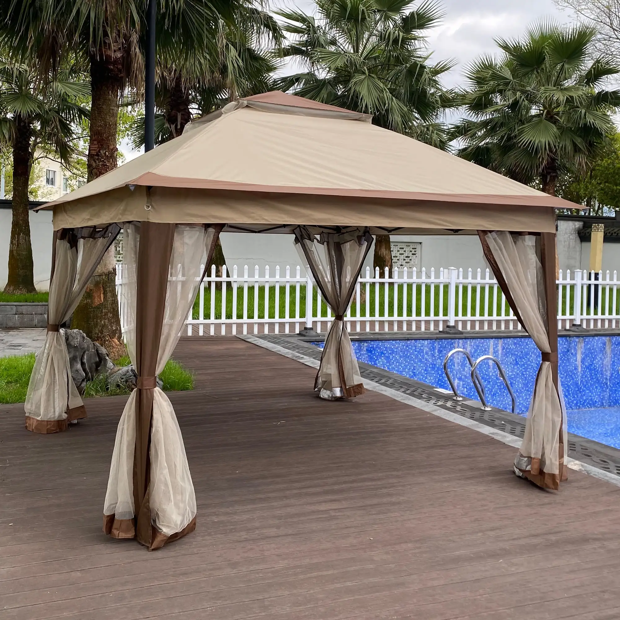 Outdoor Canopy Gazebo. 11ft x 11ft Double Roof Outdoor Canopy Shelter. Khaki Waterproof and Portable Pergola Gazebo Tent for Patio Furniture