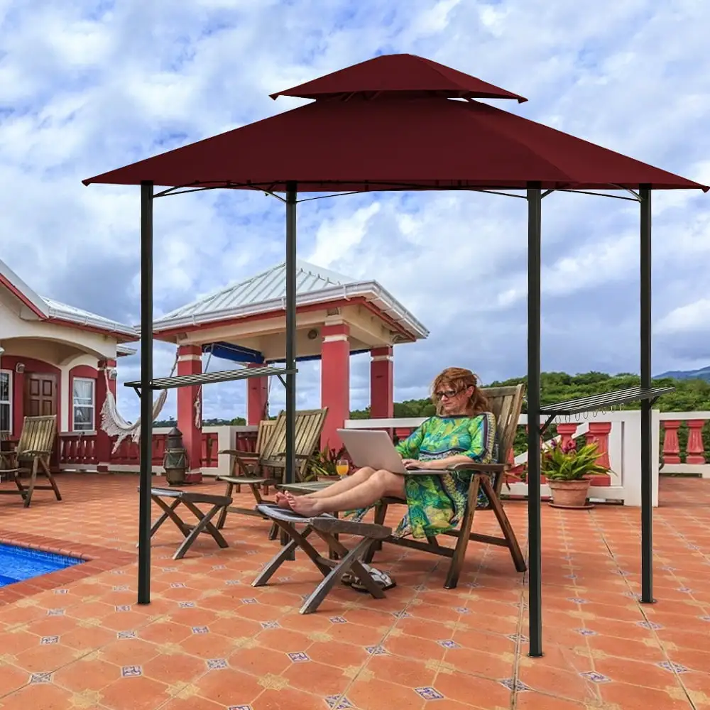 Outdoor Canopy Gazebo. 8 x 5 Ft Grill Gazebo Hardtop for Backyard. Patio Gazebo Clearance. 2-Tier Barbecue Canopy Shelter. Gazebo Tent with Bottle Opener. Iron Mesh Shelves and Hooks. B3495