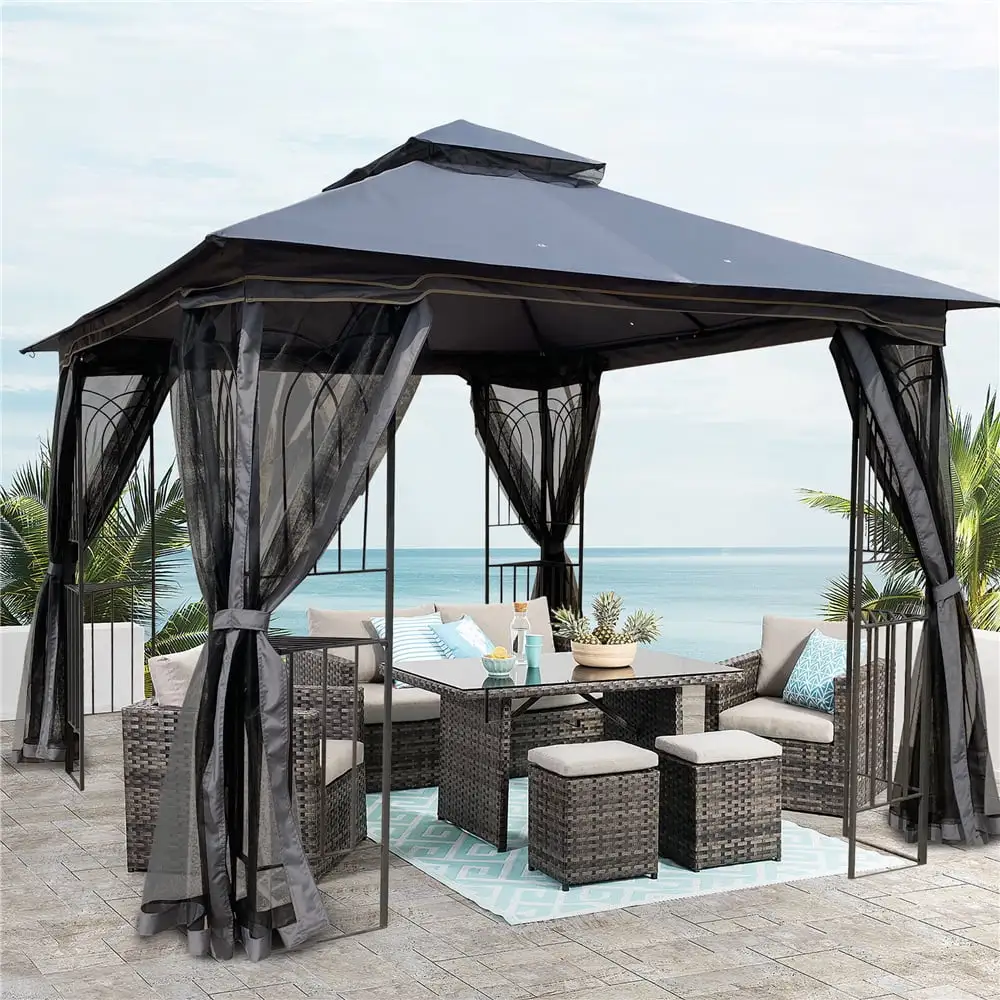 Outdoor Gazebo 10'x10'. SEGMART Patio Gazebo with Netting. Outdoor Gazebo with Screen. Outdoor Canopy Sun Shelter Gazebo Tent Screen House. Gazebo With Double Roof for Outside Yard Deck. LLL4575