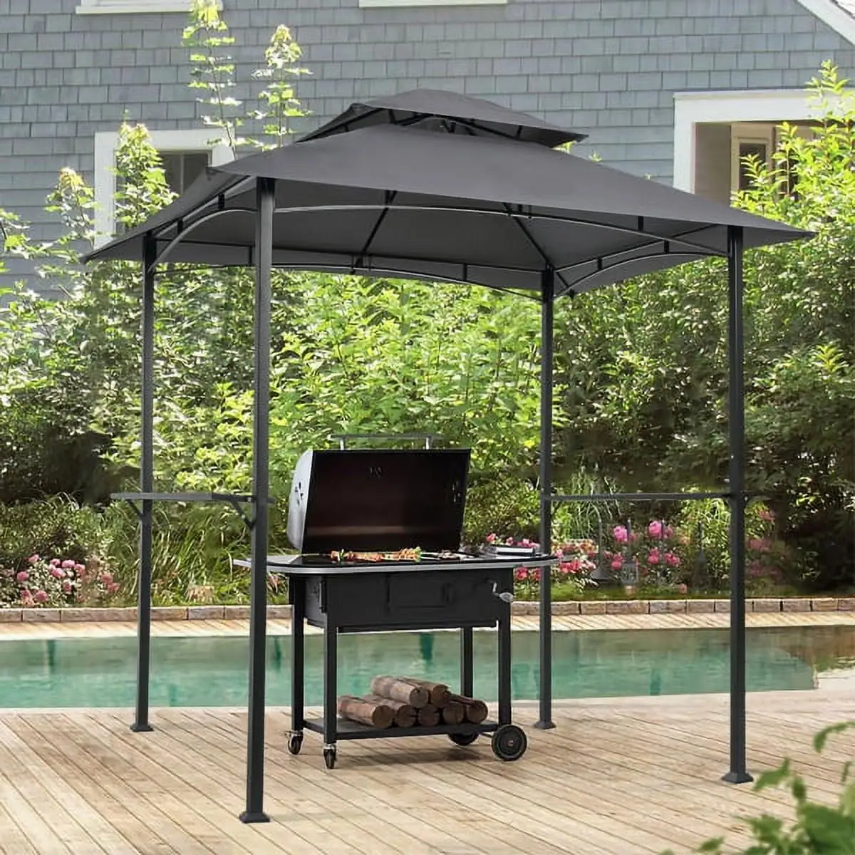 Outdoor Grill Gazebo 8 x 5 Ft. Shelter Tent. Double Tier Soft Top Canopy and Steel Frame with hook and Bar Counters. Grey