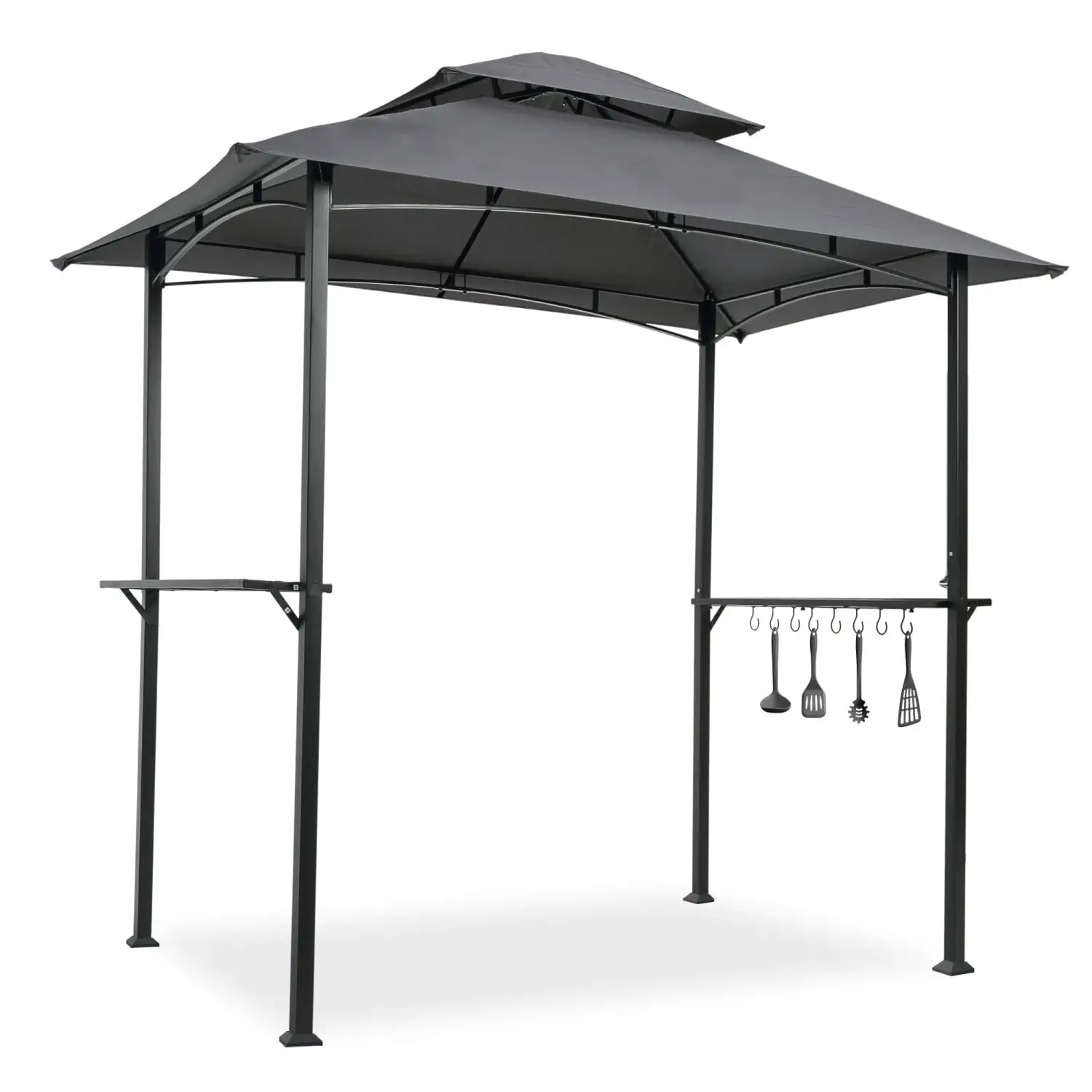 Outdoor Grill Gazebo 8 x 5 Ft Shelter Tent Double Tier Soft Top Canopy and Steel Frame with hook and Bar Counters Grey