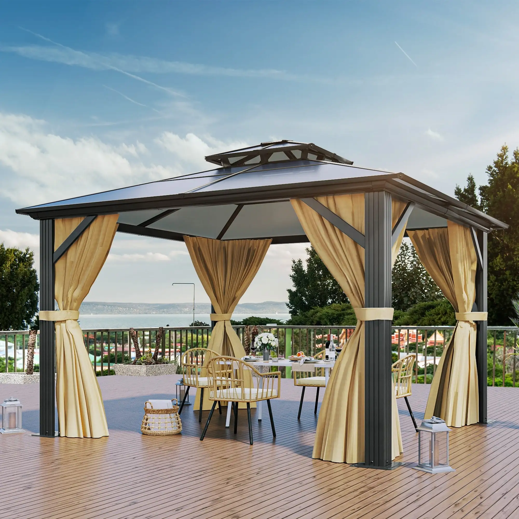 Outdoor Metal Patio Gazebo With Tiered Roof 12 x 14 - Black