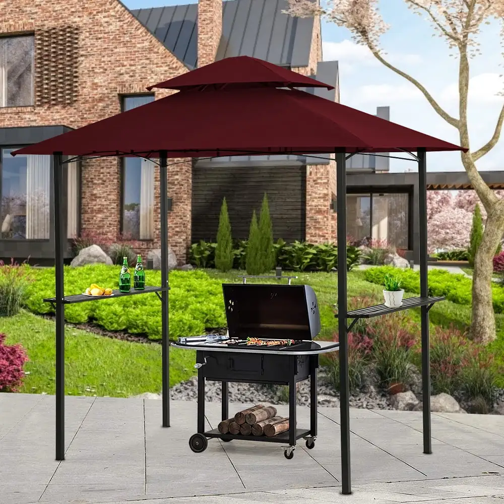 Outdoor Patio Gazebo. 8 x 5 Ft Patio BBQ Shelter. Double Tier Gazebo Canopy Tent with Air Vent. Hooks and Bottle Opener. Outdoor Gazebo Canopy with Steel Frame for Patio Backyard Deck Outdoor. B3494