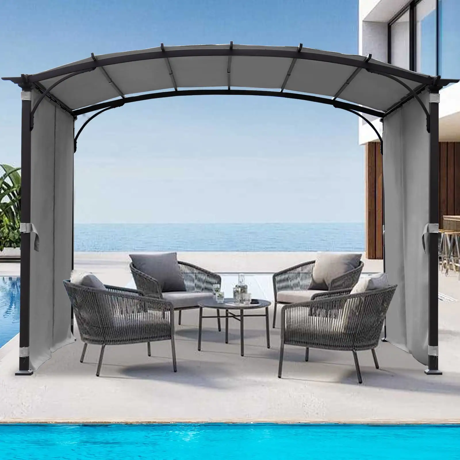 Outdoor Patio Pergola. 9 x 11ft Arched Gazebo with Waterproof Sun Shade Shelter and Awning Steel Frame Grape Gazebo. Heavy-Duty Outdoor Shelter for Garden Backyard