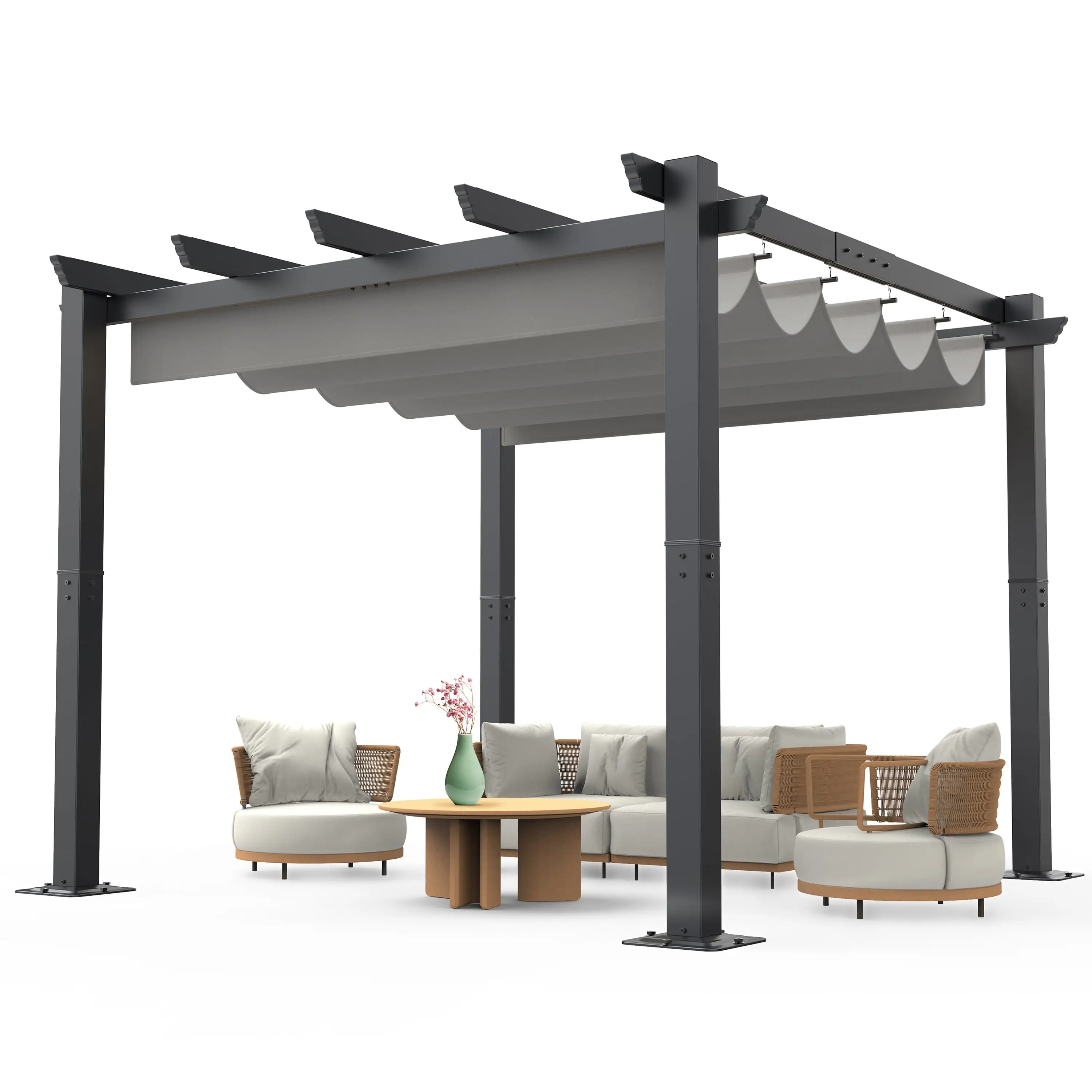 Outdoor Pergola with Retractable Sun Shade Canopy. Aluminum Garden Pergola. Patio Metal Shelter for Porch Yard BBQ Beach Grape Trellis-Grey