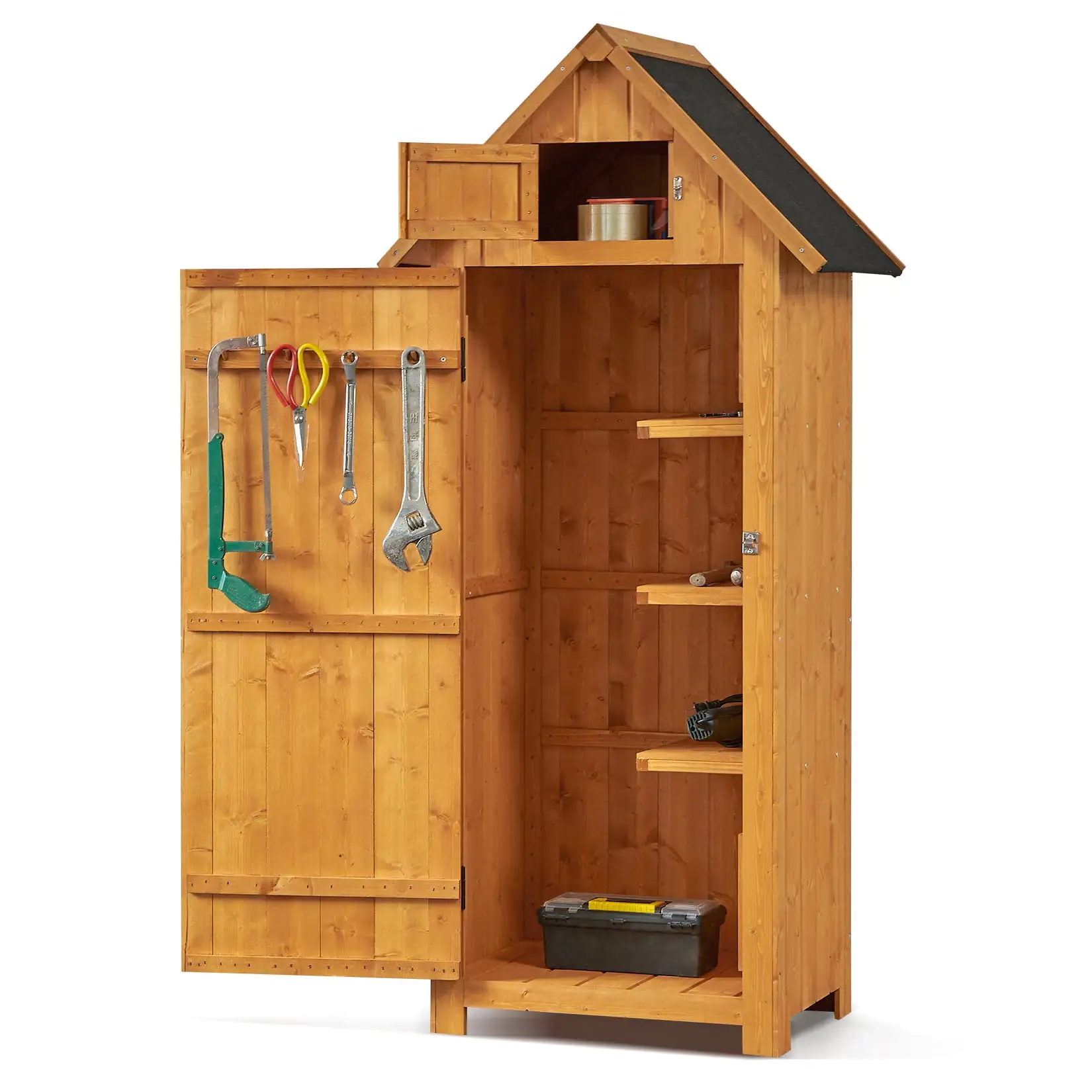 Outdoor Shed Storage Cabinet. Garden Wooden Sheds. Outside Storage Cabinet Weather Proof with Floor. Fir Wood Tool Organizer with Door and Shelves for Backyard. Hallway