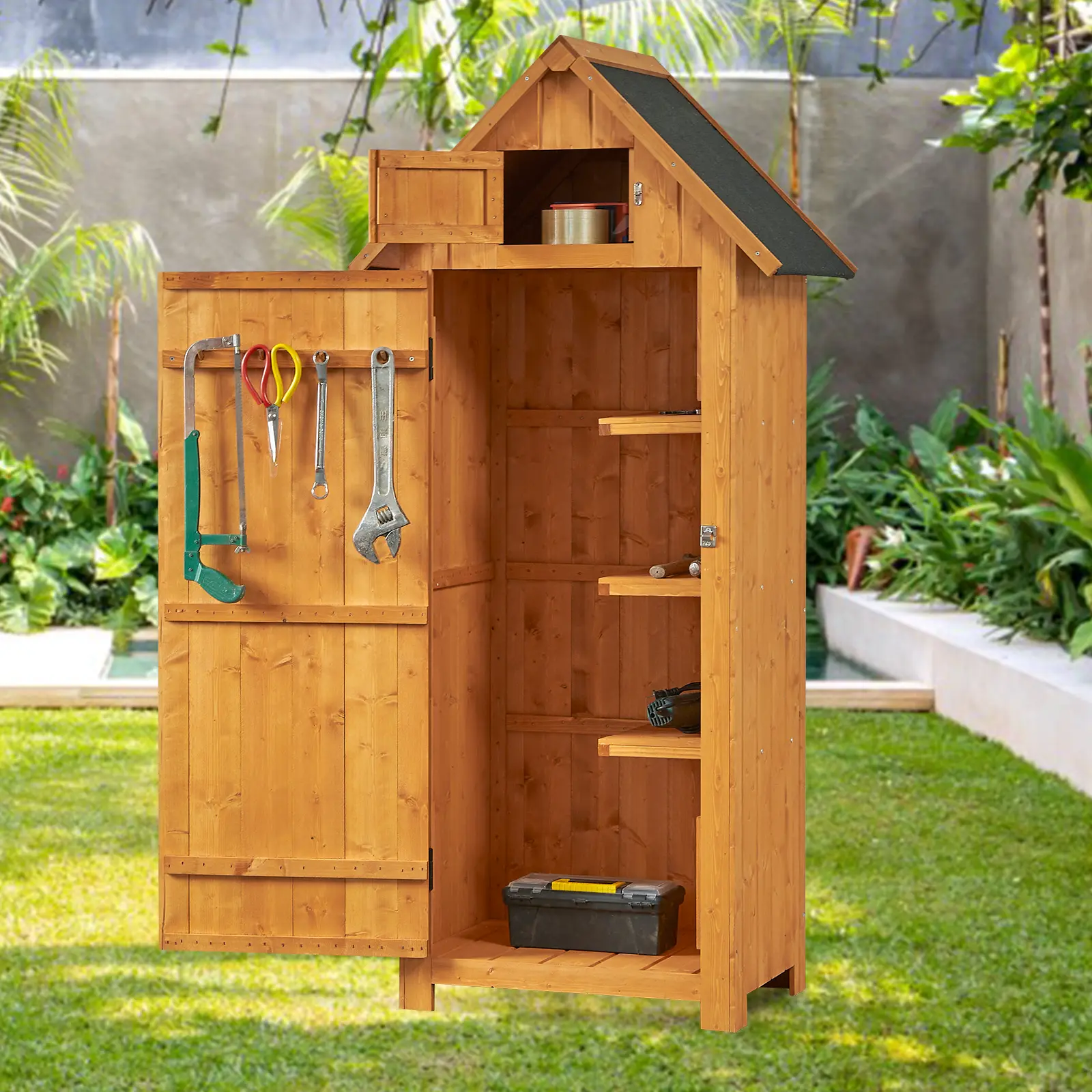 Outdoor Storage Cabinet.Garden Wood Tool Shed with Shelves and Lock.Waterproof Sheds for for Yard.Patio.Garden.Backyard.Deck and Porch