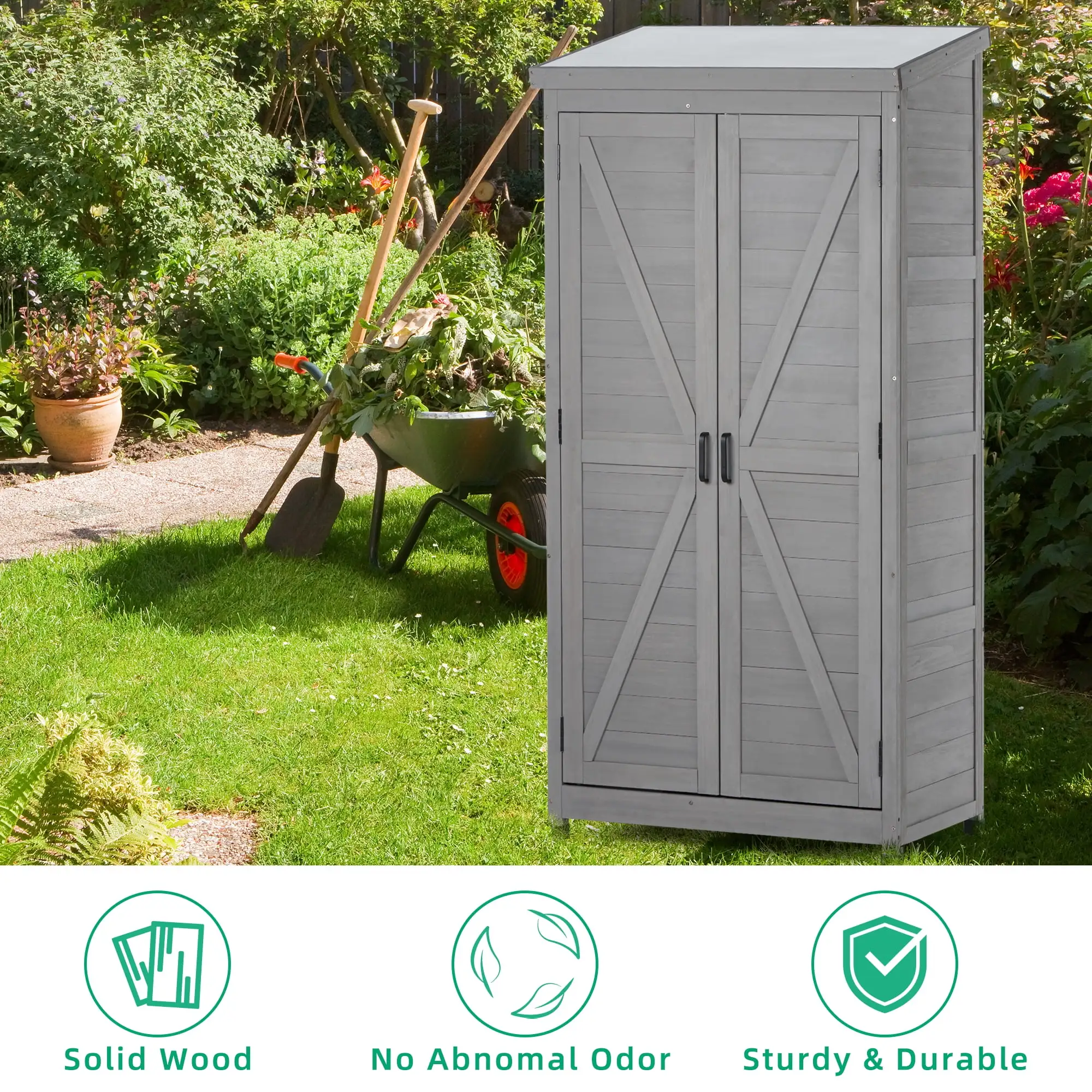 Outdoor Storage Cabinet and Metal Top.Garden Storage Shed.Outdoor 68 Inches Wood Tall Shed for Yard and Patio