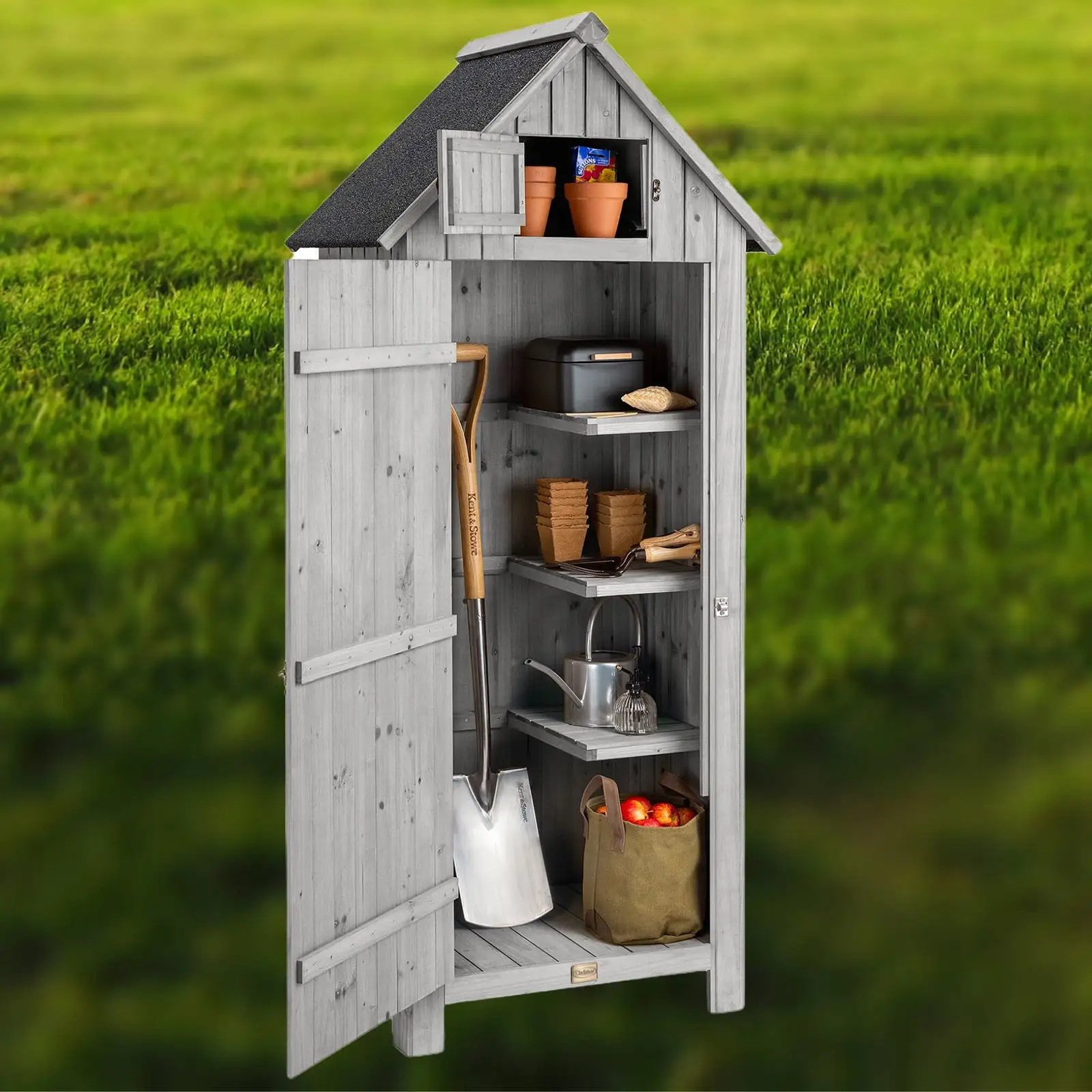 Outdoor Storage Shed with 3 Shelves.Multifunctional Outside Tool Shed with Waterproof Asphalt Roof.Vertical Organizer Cabinet with Lockable Doors for Garden and Yard.30.31''L x 20.48''W x 65.75''H