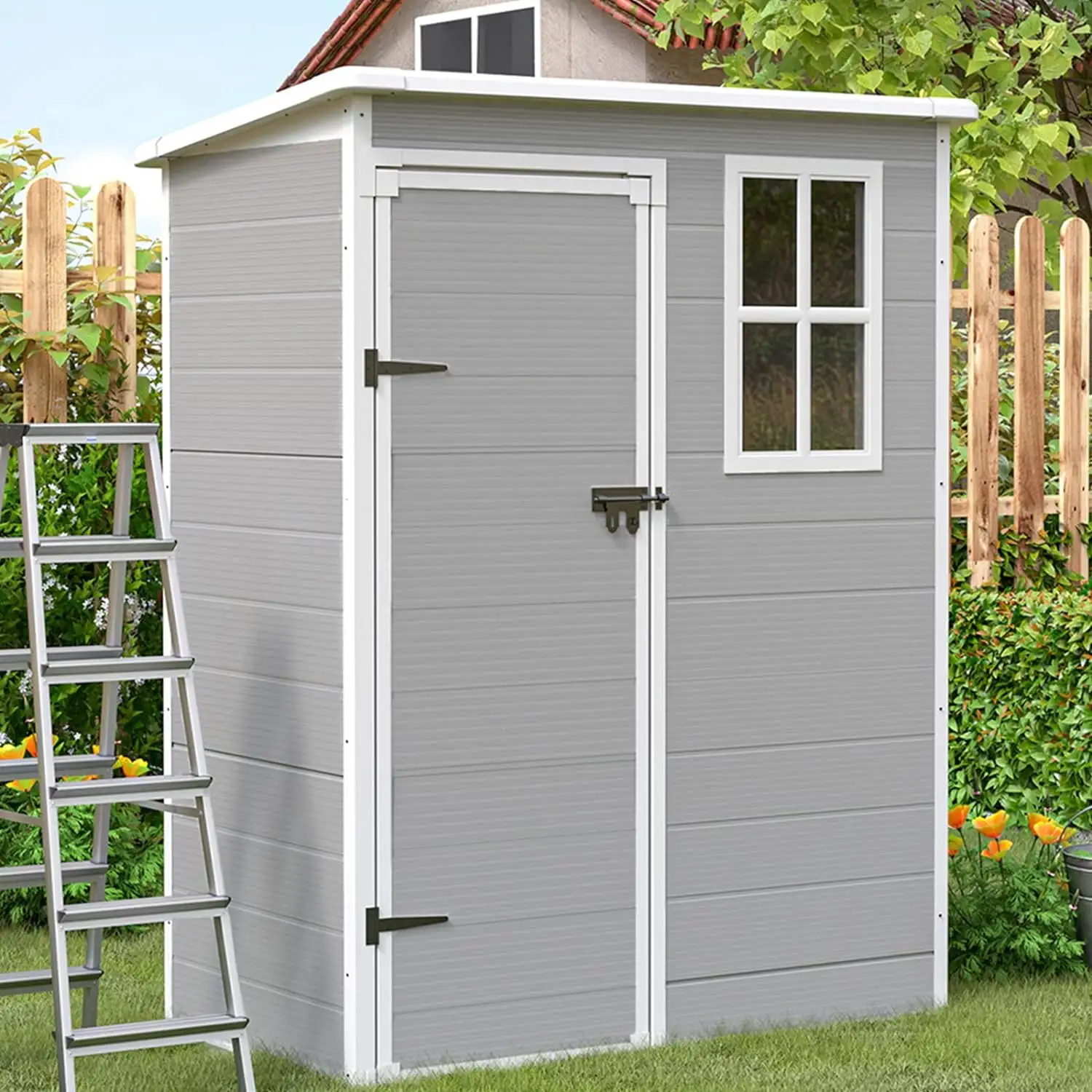 Outdoor Storage Shed. 5x3 FT Resin Garden Shed with Double-layer Thick Floor. Lockable Door & Window. Waterproof Tool Sheds & Outdoor Storage for Backyard. Patio. Lawn