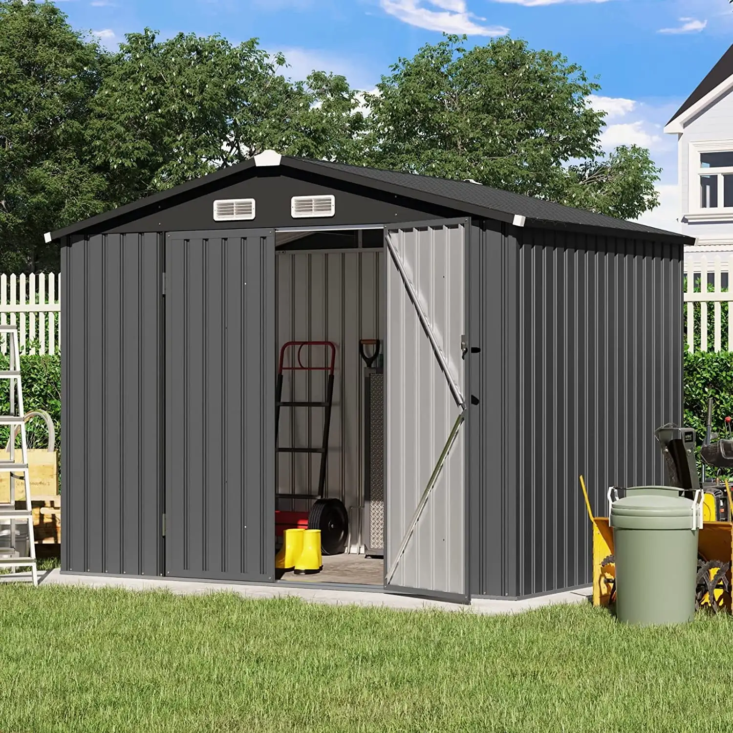 Outdoor Storage Shed. 8'x6' Galvanized Metal Steel Weather Resistant Garden Shed for Bike. Garbage Can. Lawnmower. Tool Storage Shed W/Lock. for Backyard Patio Lawn. Black