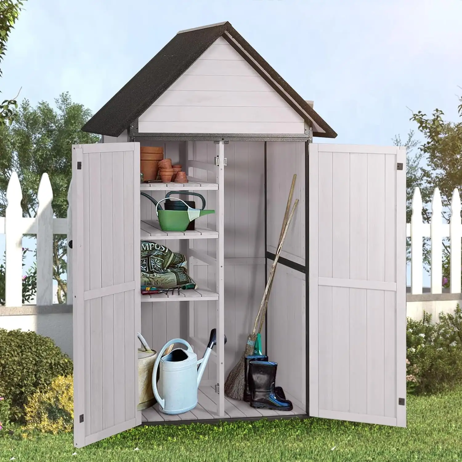 Outdoor Storage Shed With All Around Strong Metal Frame. Garden Shed With Floor. Wooden Tool House With Adjustable Shelfs. For Backyard Garden Patio Lawn. White