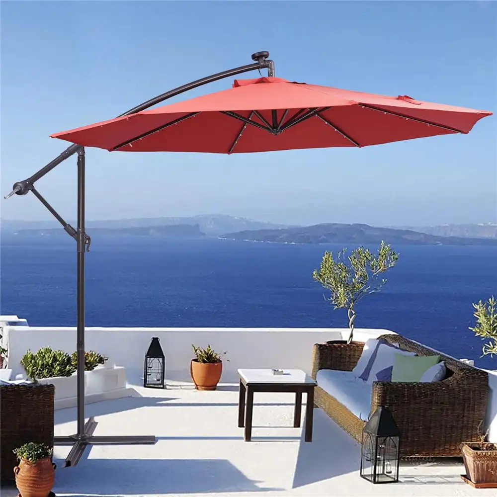 Outdoor Umbrella with Led Lights. 10FT Solar LED Offset Patio Umbrella. Hanging Cantilever Market Patio Umbrella with Crank. Cross Base. Backyard Offset Umbrella for Garden Pool Deck. L6078