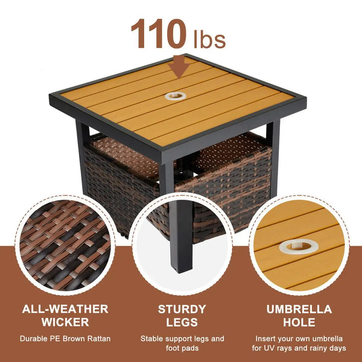 Outdoor Wicker Side Table with Umbrella Hole & Storage Space. Square PE Rattan End Table for Patio Garden Poolside Deck. Brown