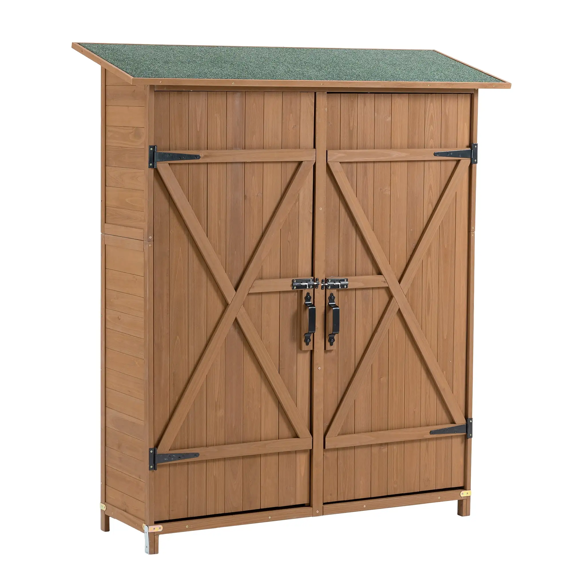 Outdoor Wood Storage Shed with Lockable Door. Garden Tool Shed with Detachable Shelves and Pitch Roof. 56L x 19.5W x 64H