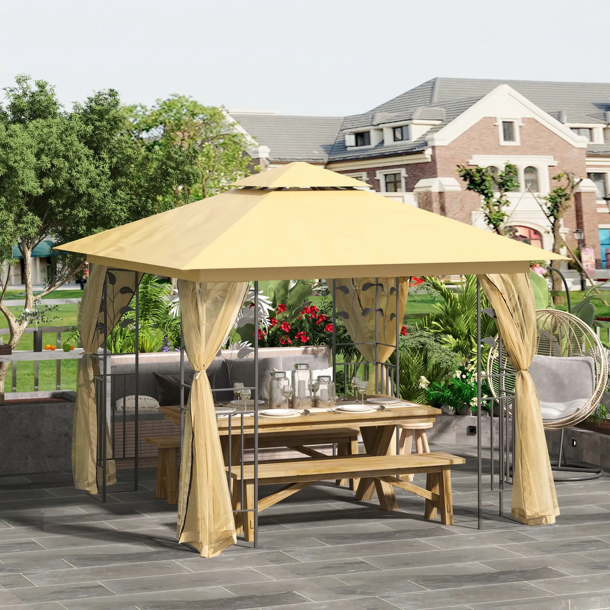 Outsunny 10' x 10' Metal Patio Gazebo. Double Canopy. Tree Motifs. Beige