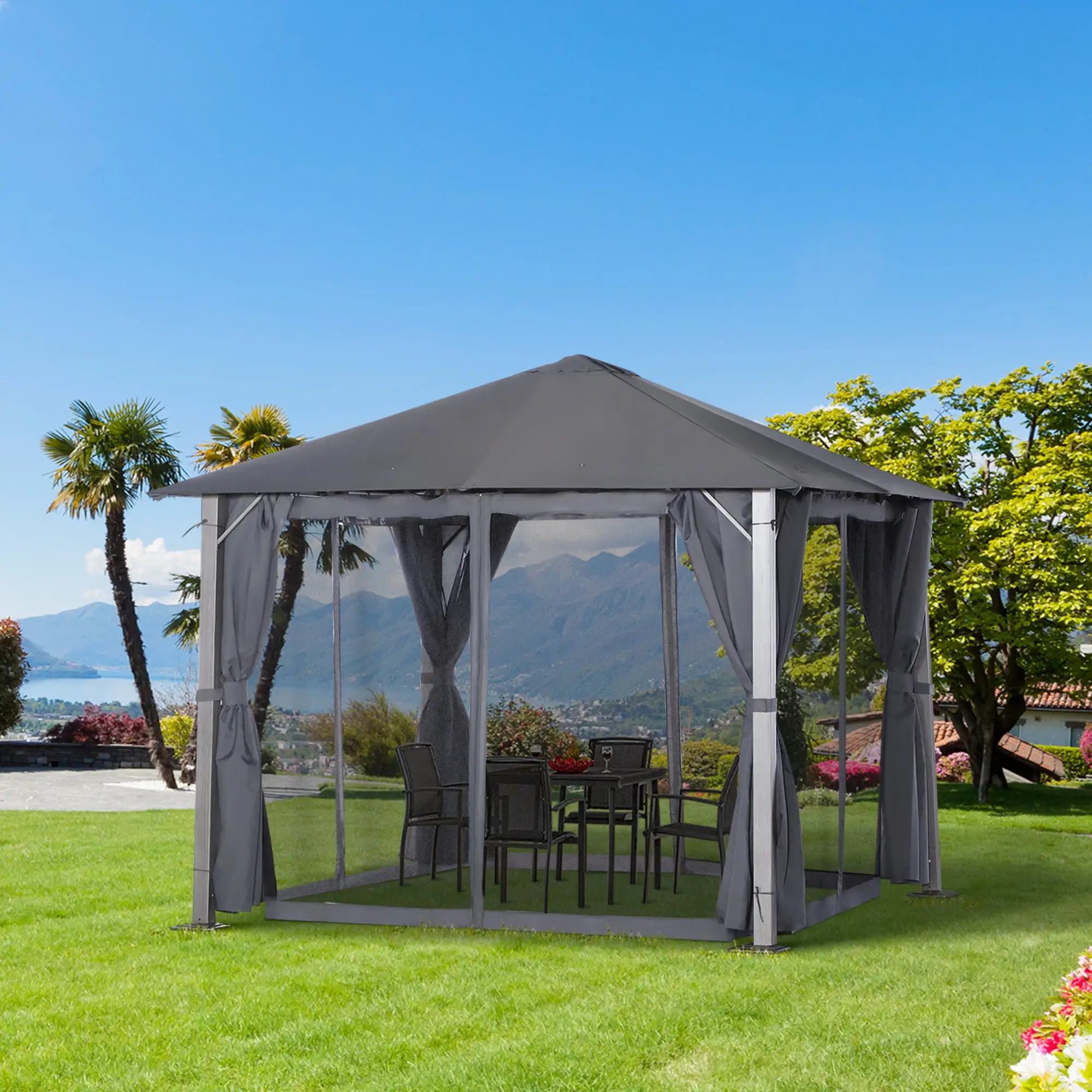 Outsunny 10' x 10' Patio Gazebo Tent. Canopy with Sidewalls & Mesh. Gray