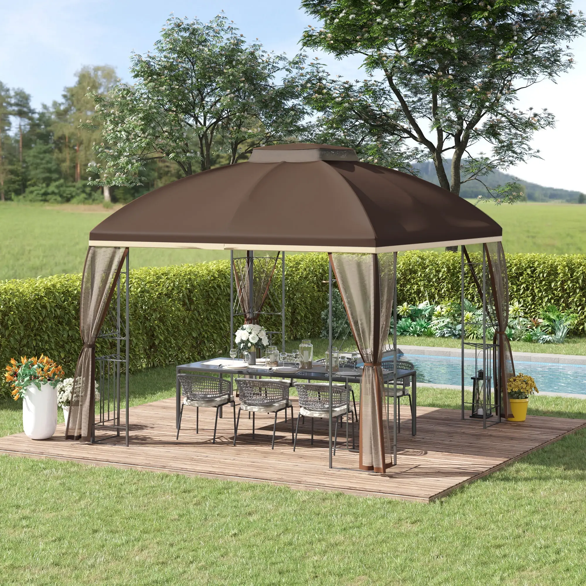 Outsunny 10' x 10' Patio Gazebo with Corner Shelves and Netting. Brown