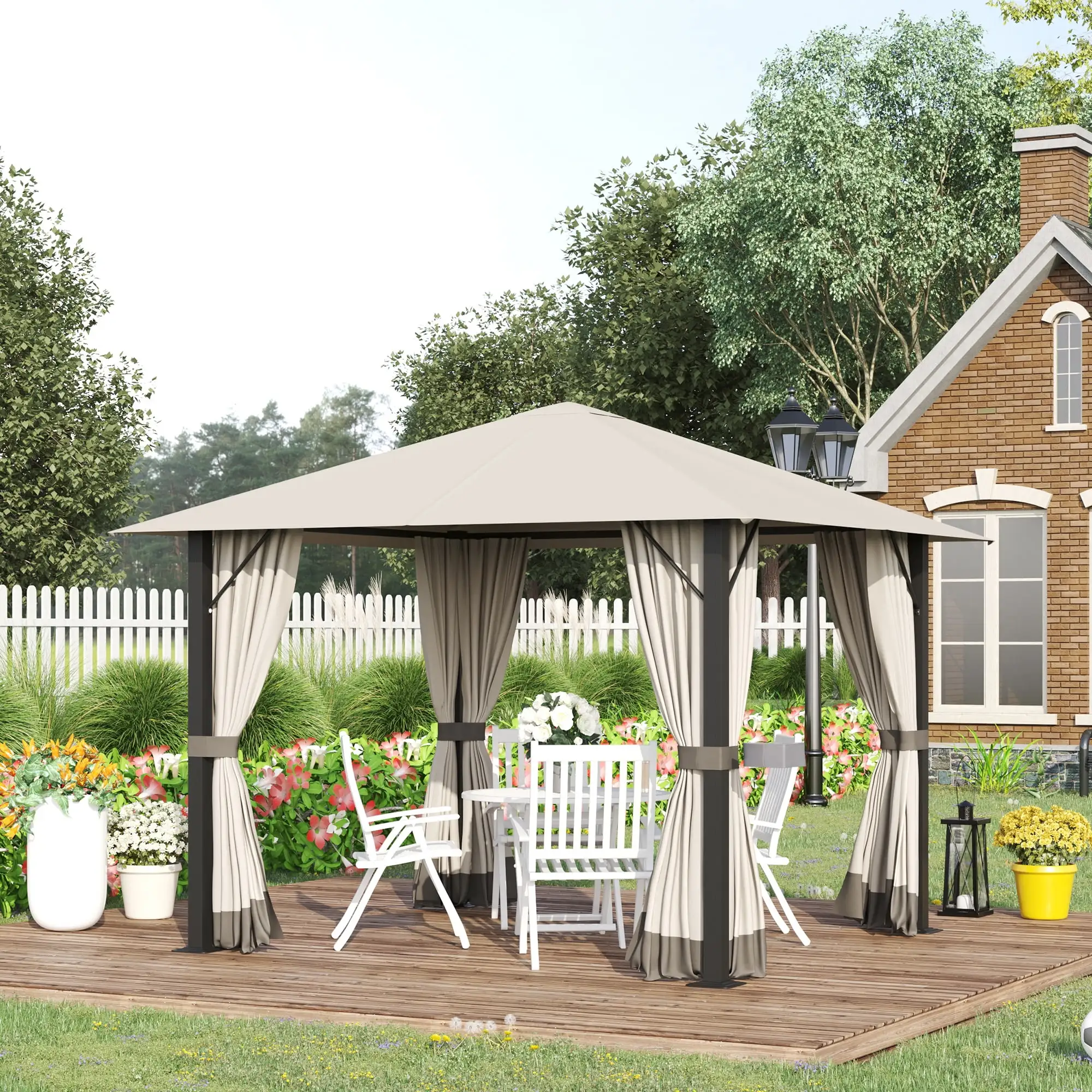 Outsunny 10' x 10' Patio Gazebo with Sidewalls. Khaki