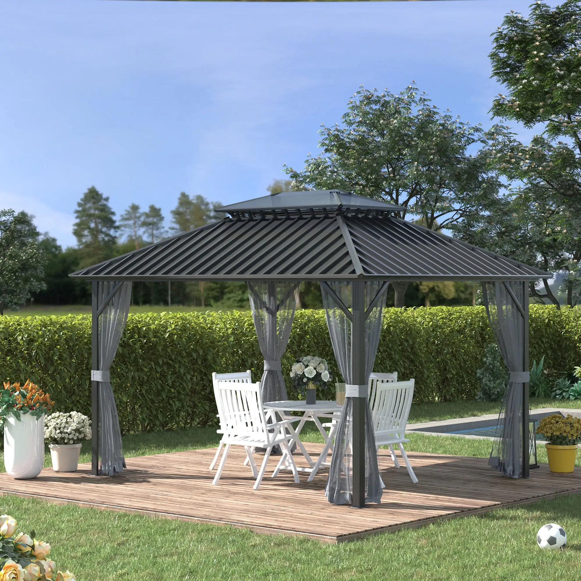 Outsunny 10' x 12' Hardtop Gazebo Canopy with Galvanized Steel Double Roof. Skylight Window. Aluminum Frame. Outdoor Permanent Pavilion with Netting. for Patio. Garden. Backyard. Black