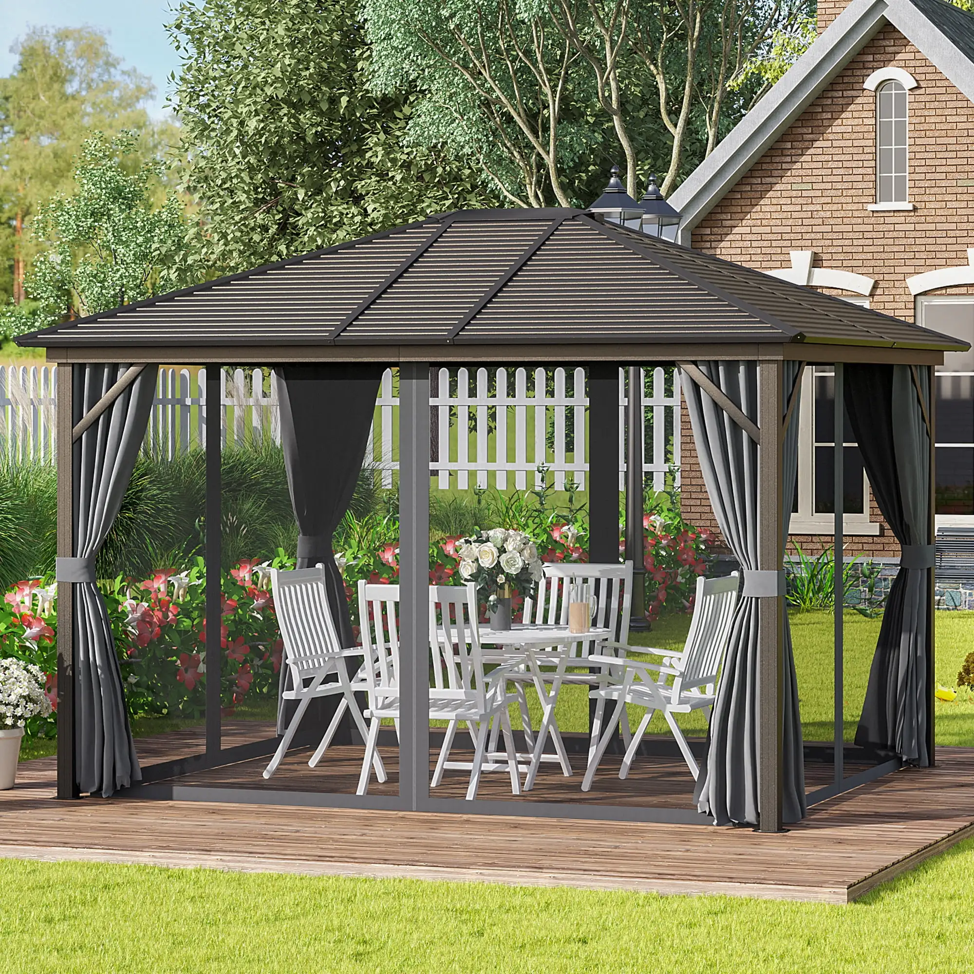 Outsunny 10' x 12' Hardtop Gazebo with Curtains and Netting. Permanent Pavilion Metal Single Roof Gazebo Canopy with Aluminum Frame and Hooks. for Garden. Patio. Backyard. Dark Gray