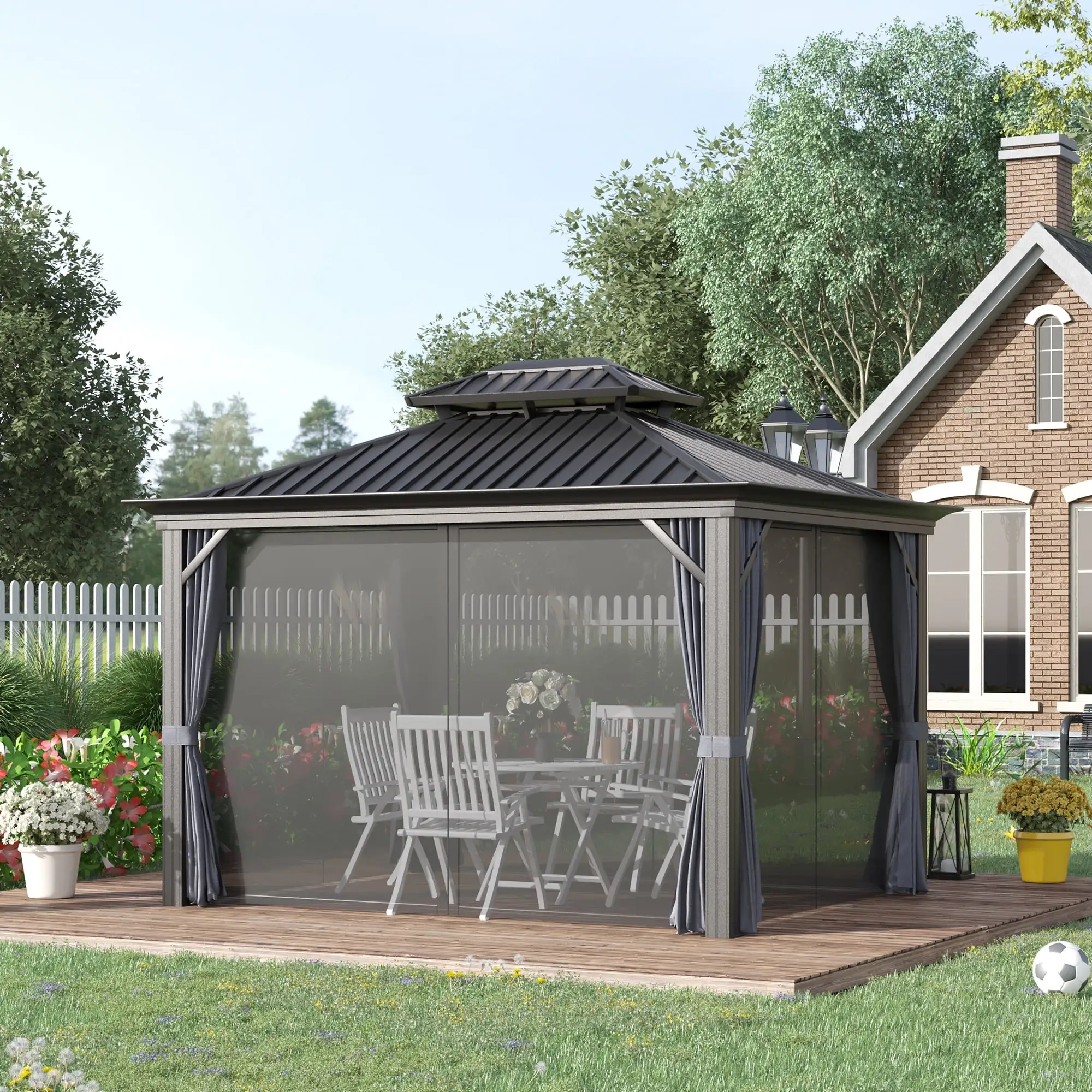 Outsunny 10 x 12 Hardtop Patio Gazebo. Netting Curtains. Gray