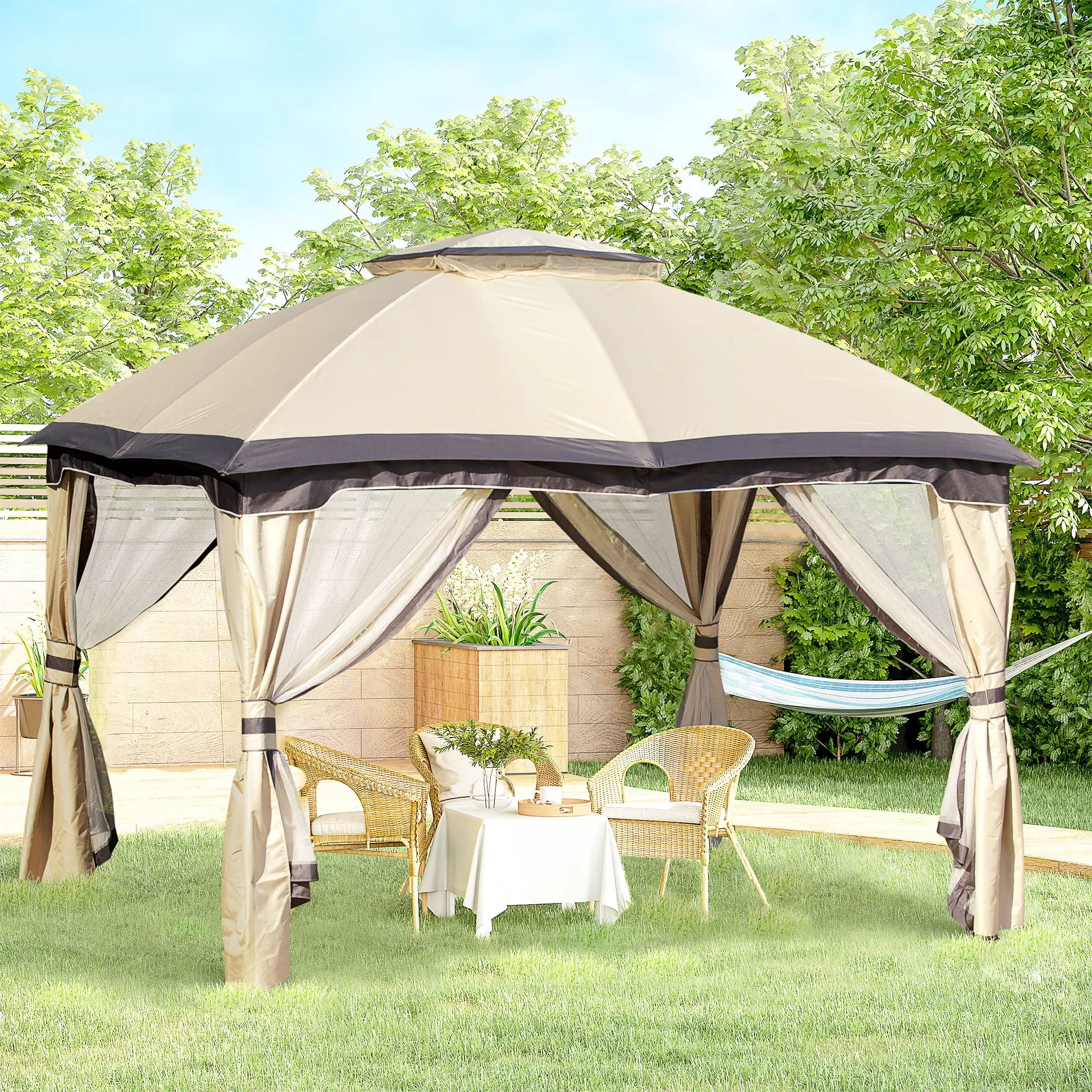 Outsunny 10' x 12' Outdoor Gazebo. Patio Gazebo Canopy Shelter w/Double Vented Roof. Zippered Mesh Sidewalls. Solid Steel Frame. Beige