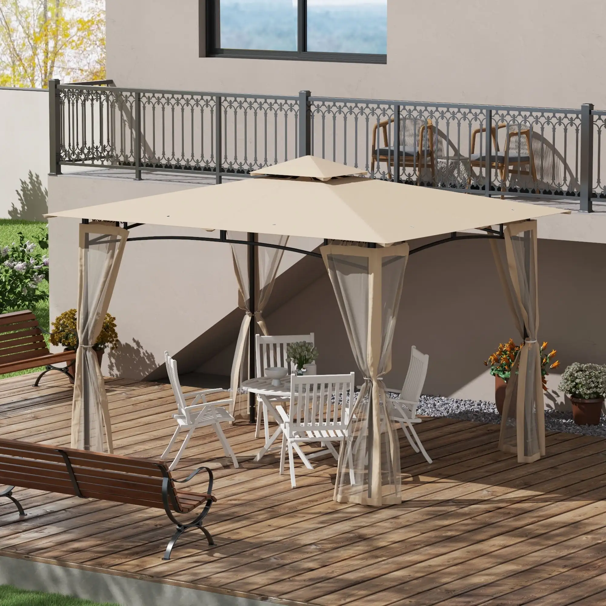 Outsunny 10' x 12' Patio Gazebo with Netting and 2 Tier Roof. Beige