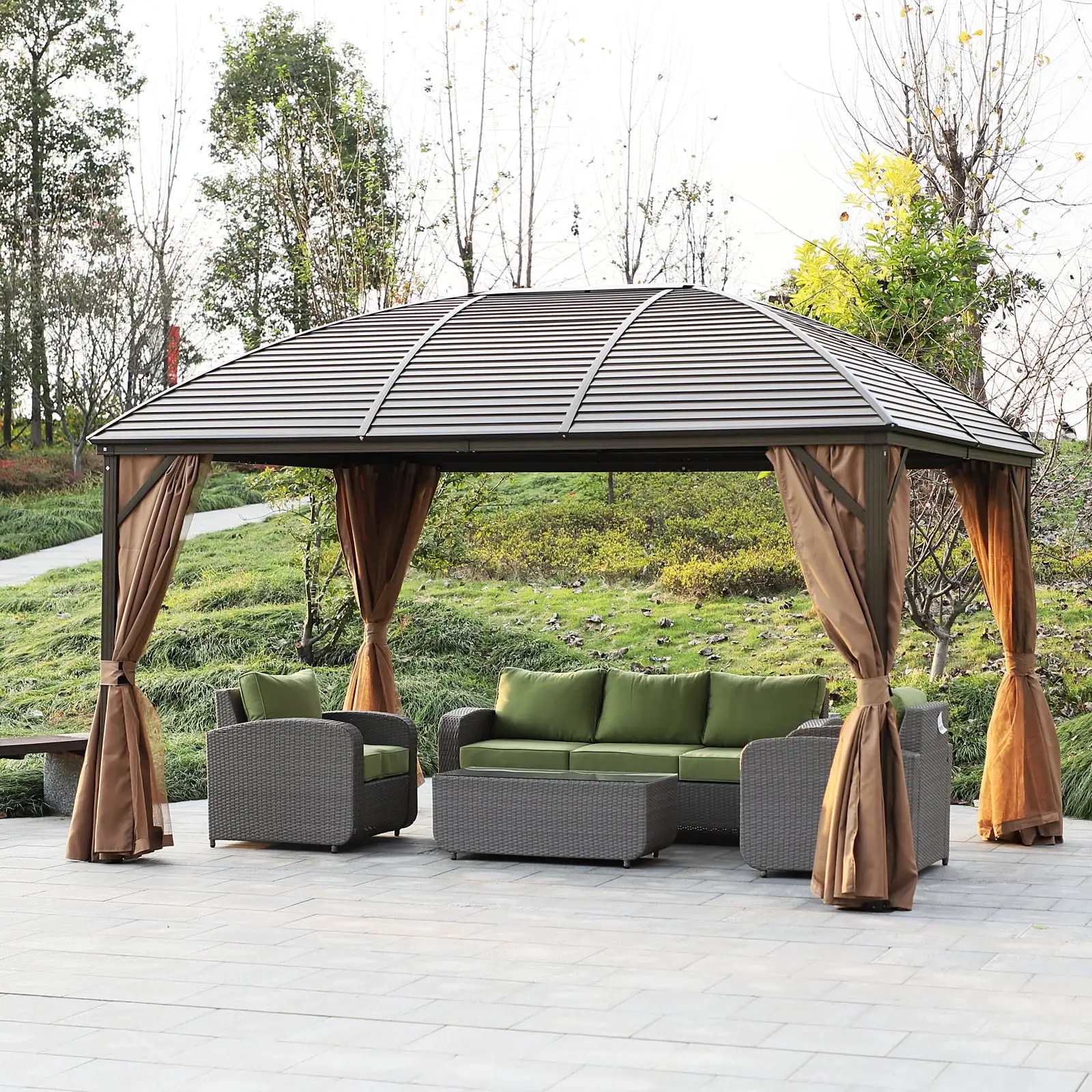 Outsunny 10' x 13' Hardtop Gazebo Canopy w/ Steel Roof. Sidewalls. Brown